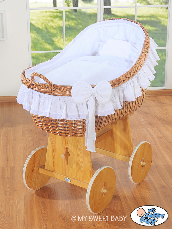 Moses Basket Wicker hood crib Carina - natural + white bedding