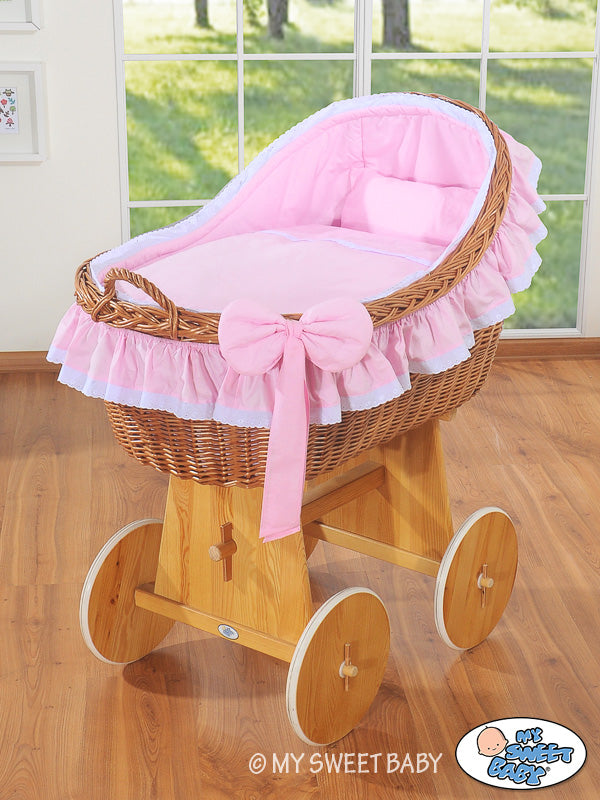 Moses Basket Wicker hood crib Carina - natural + pink bedding