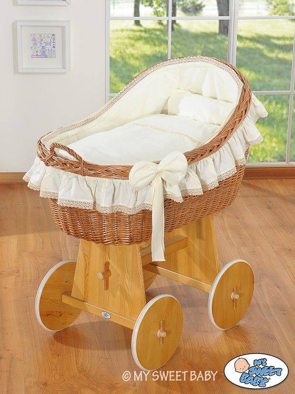 Moses Basket Wicker hood crib Carina - natural + cream bedding
