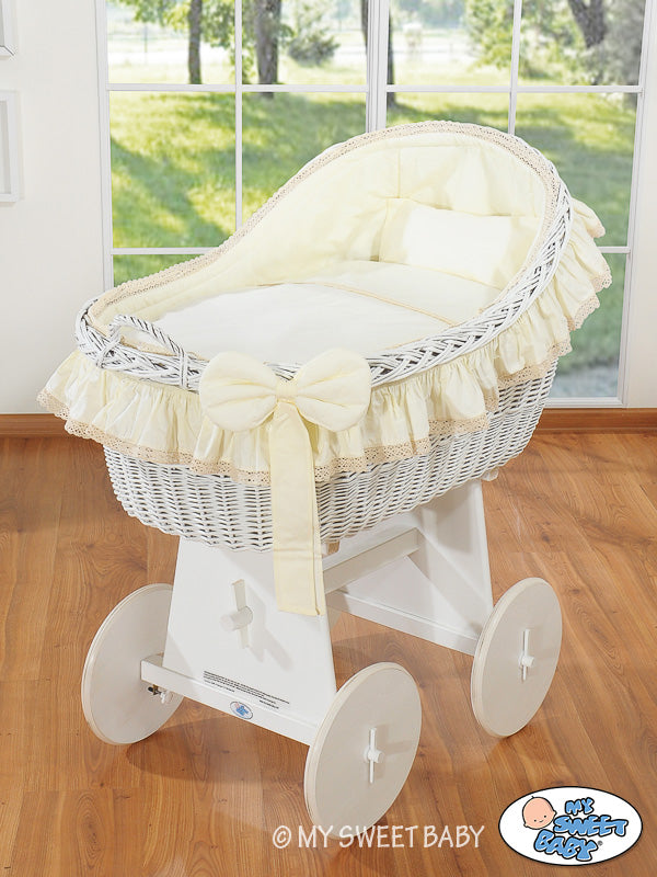 Moses Basket Wicker hood crib Carina - white + cream bedding