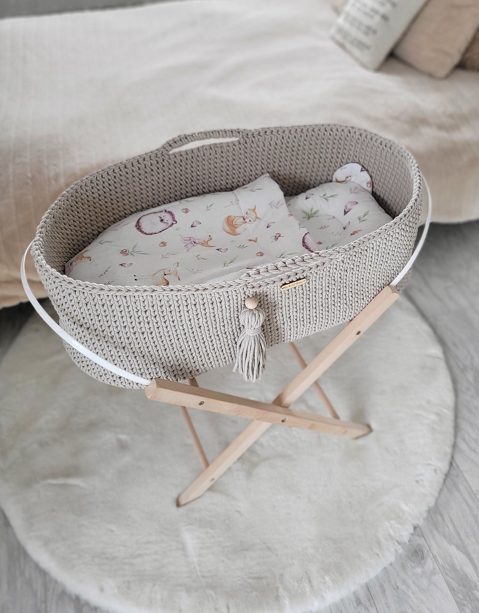 Moses basket BOHO Handmade cotton with mattress - light beige