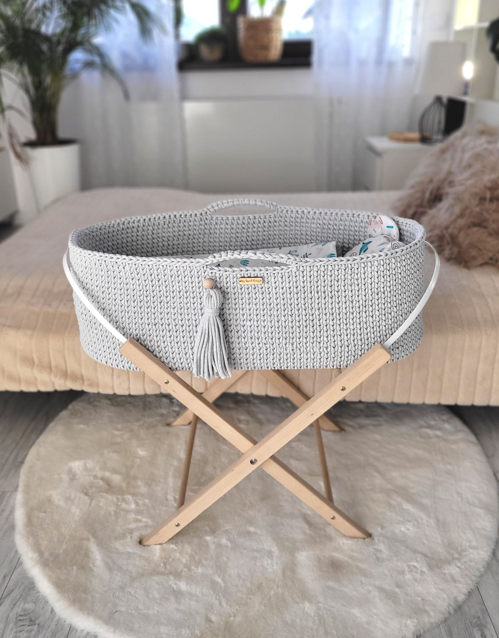 Moses basket BOHO Handmade with stand - light gray