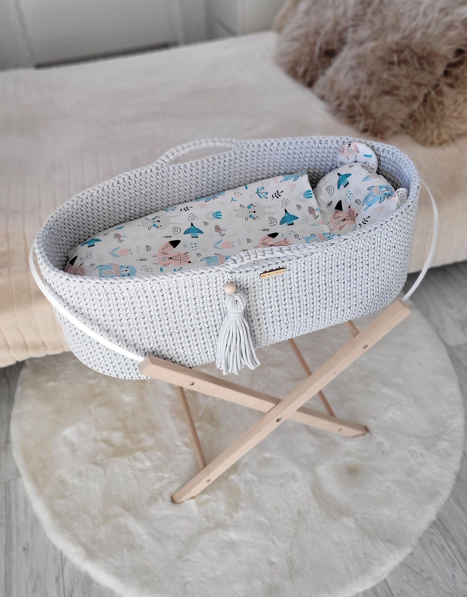 Moses basket BOHO Handmade with stand - light gray