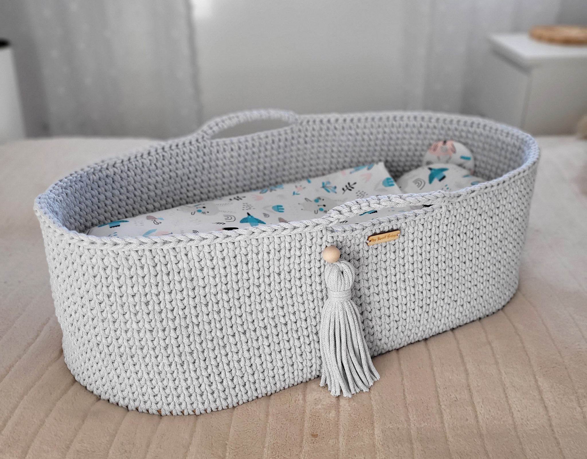Moses basket BOHO Handmade with stand - light gray