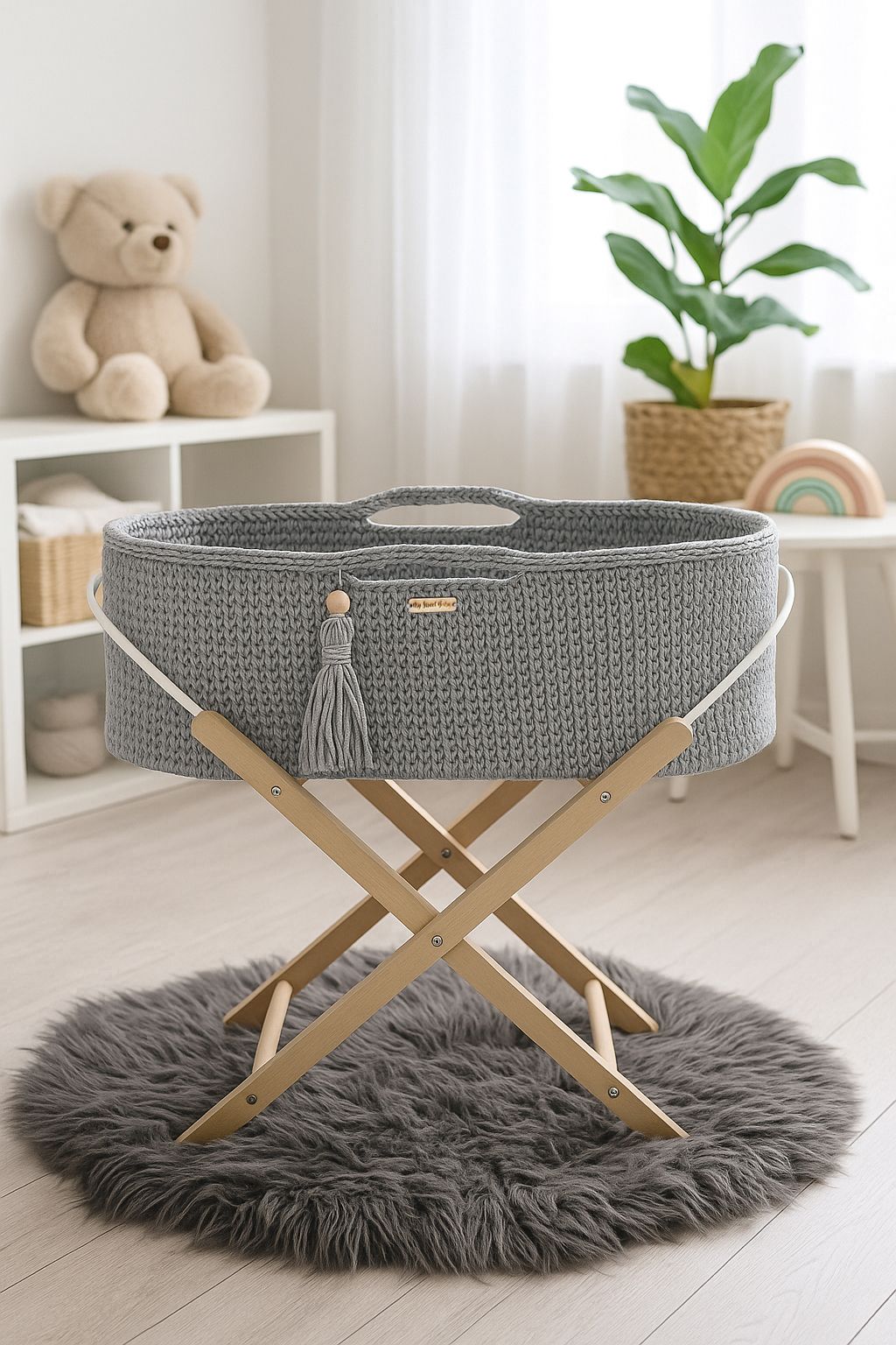 Moses basket BOHO Handmade with stand - dark gray