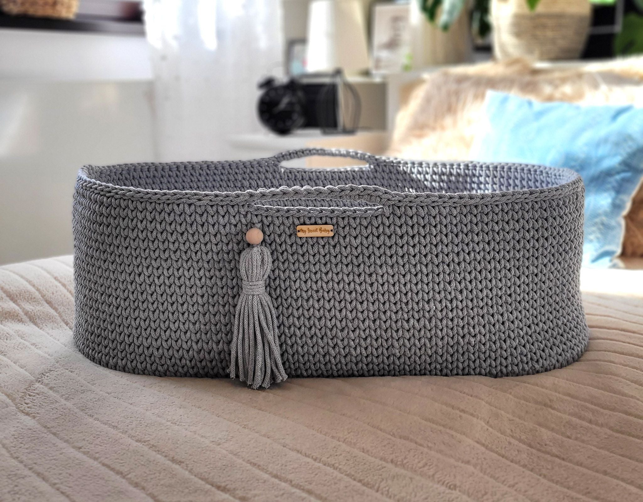 Moses basket BOHO Handmade with stand - dark gray