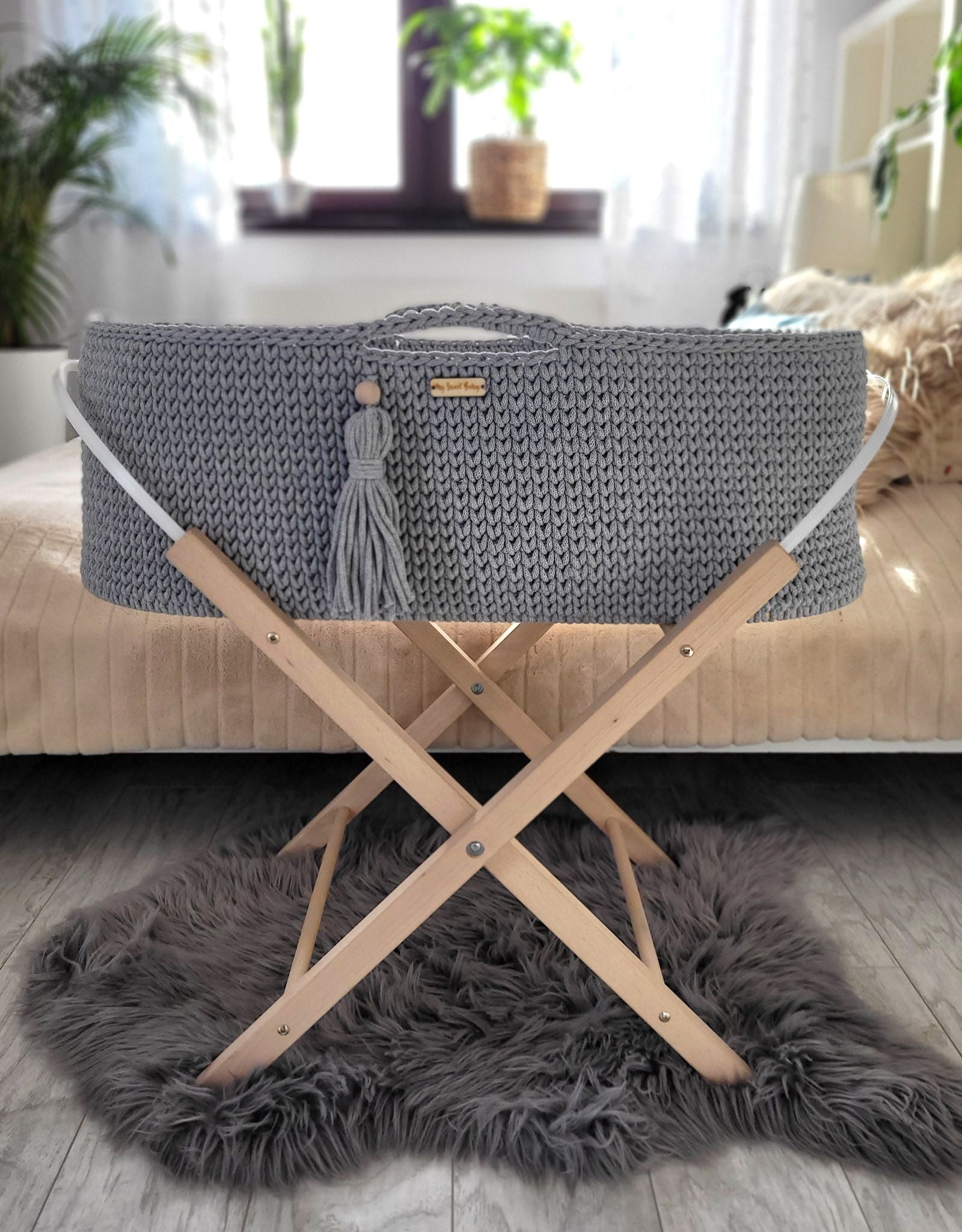 Moses basket BOHO Handmade with stand - dark gray