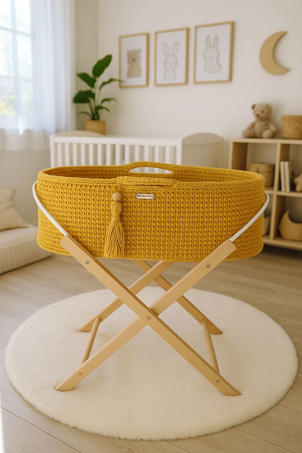 Moses basket BOHO Handmade with stand - honey yellow