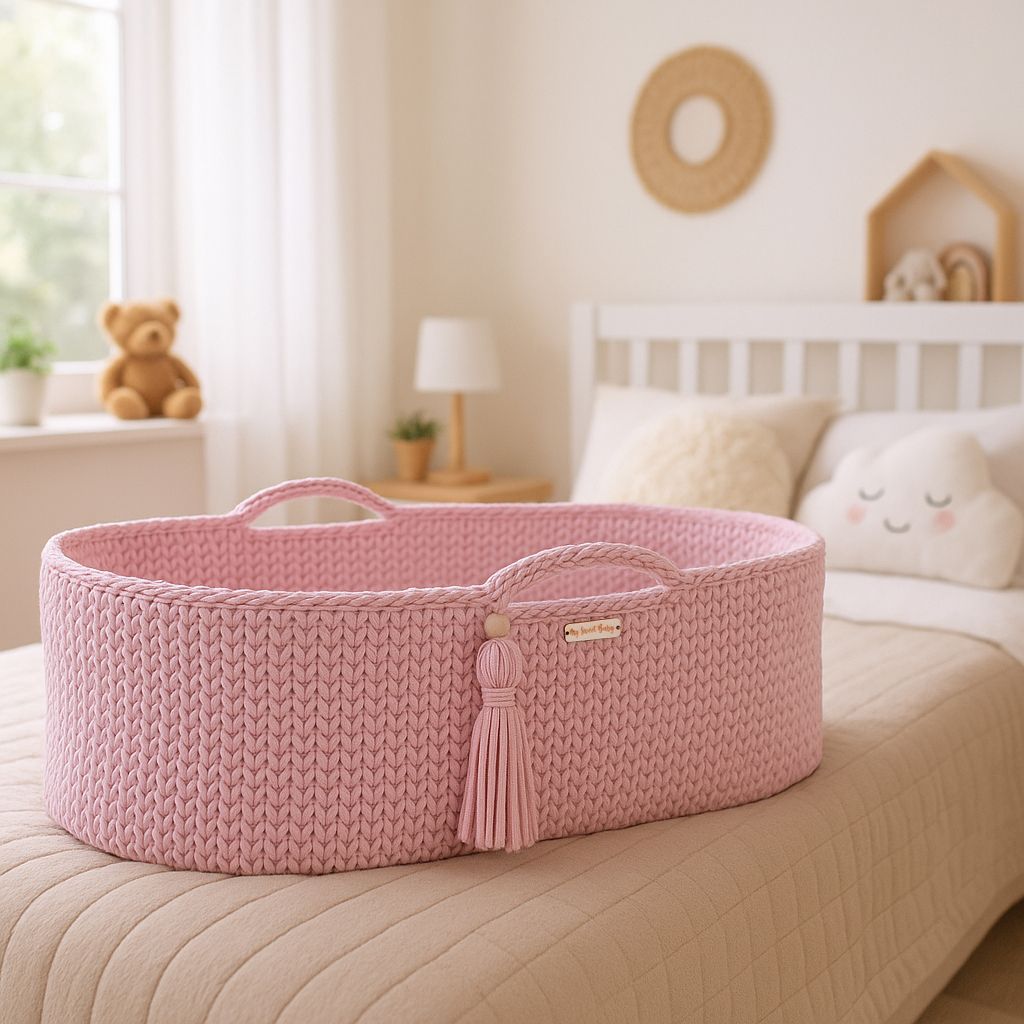 Moses basket BOHO Handmade with stand - pink