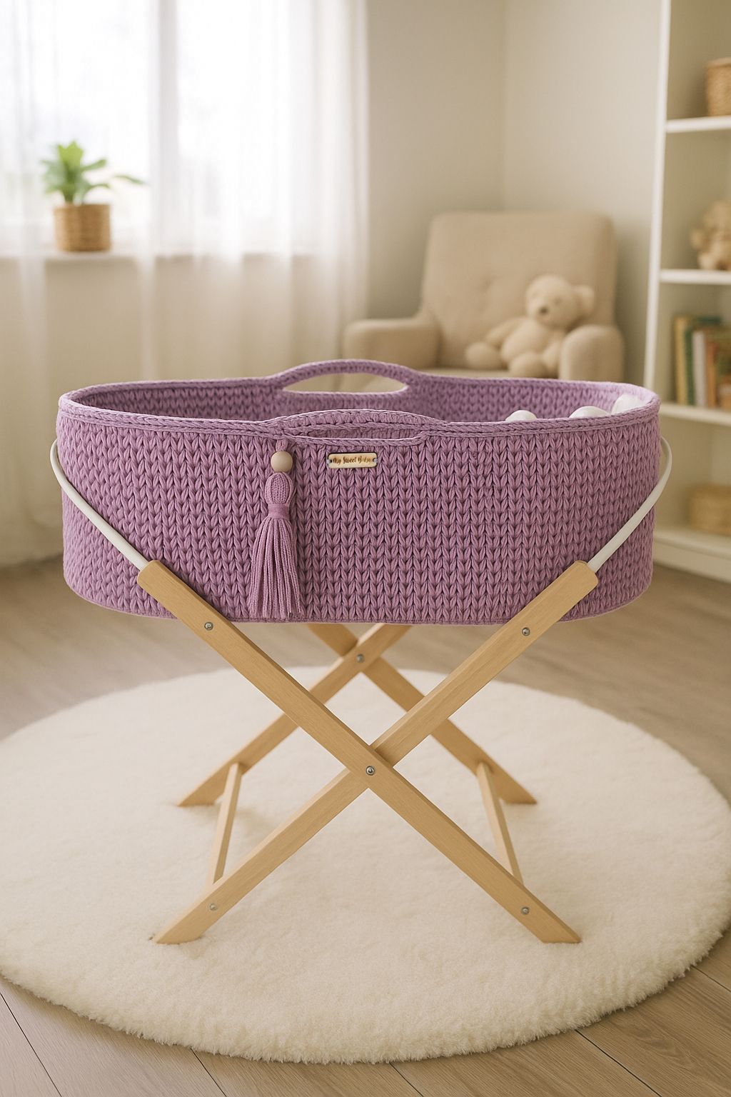 Moses basket BOHO Handmade with stand - lavender