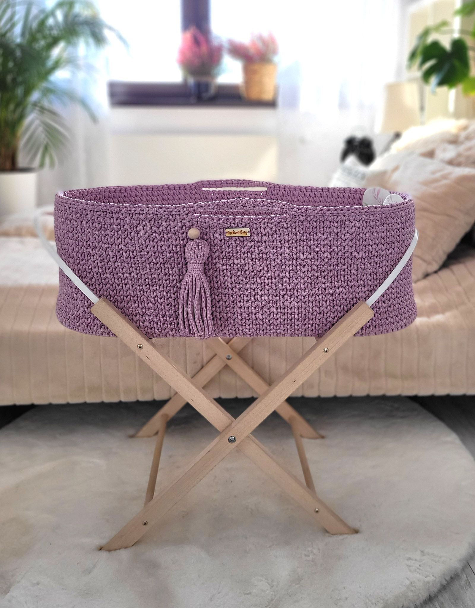 Moses basket BOHO Handmade with stand - lavender