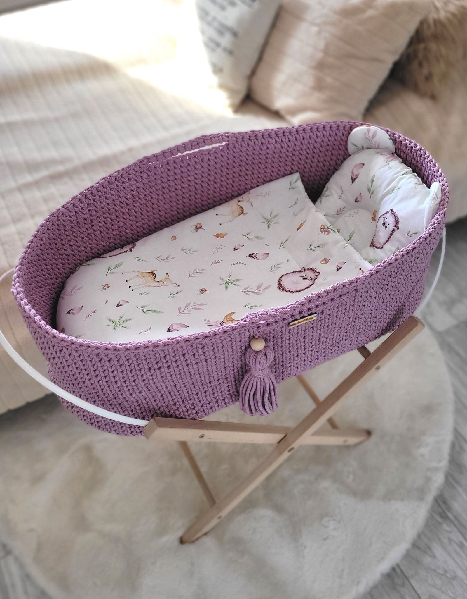 Moses basket BOHO Handmade with stand - lavender