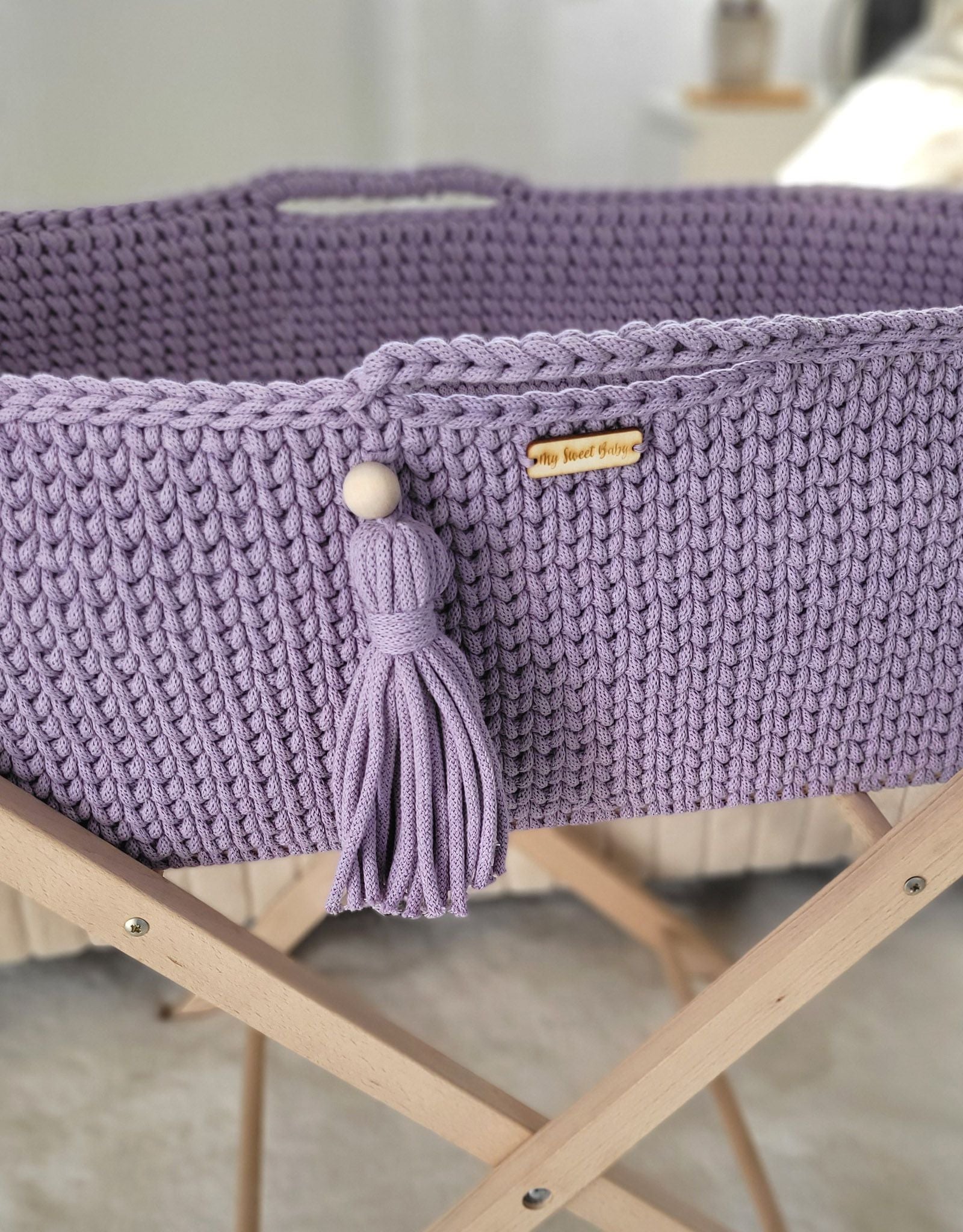 Moses basket BOHO Handmade cotton with mattress - lila