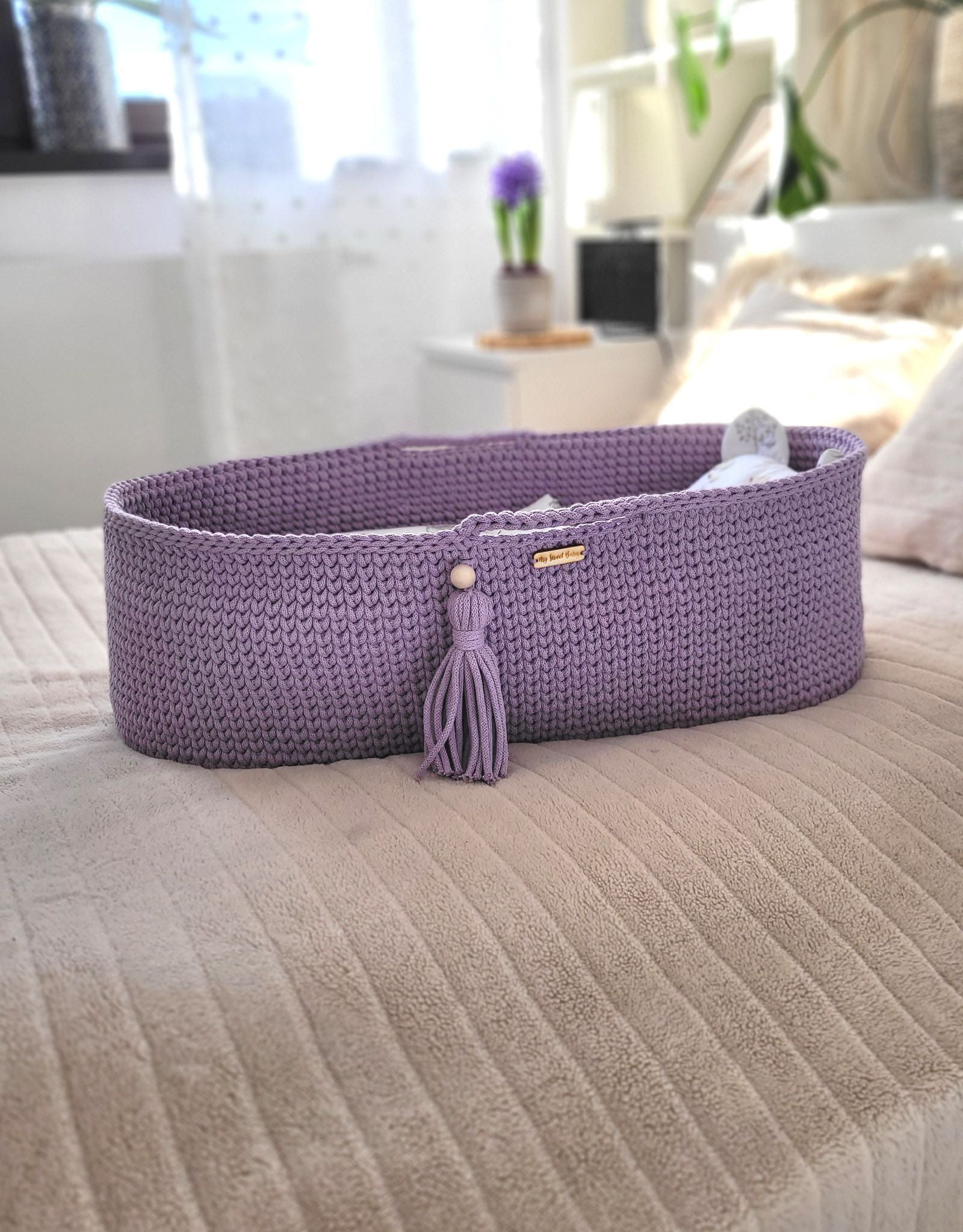 Moses basket BOHO Handmade cotton with mattress - lila