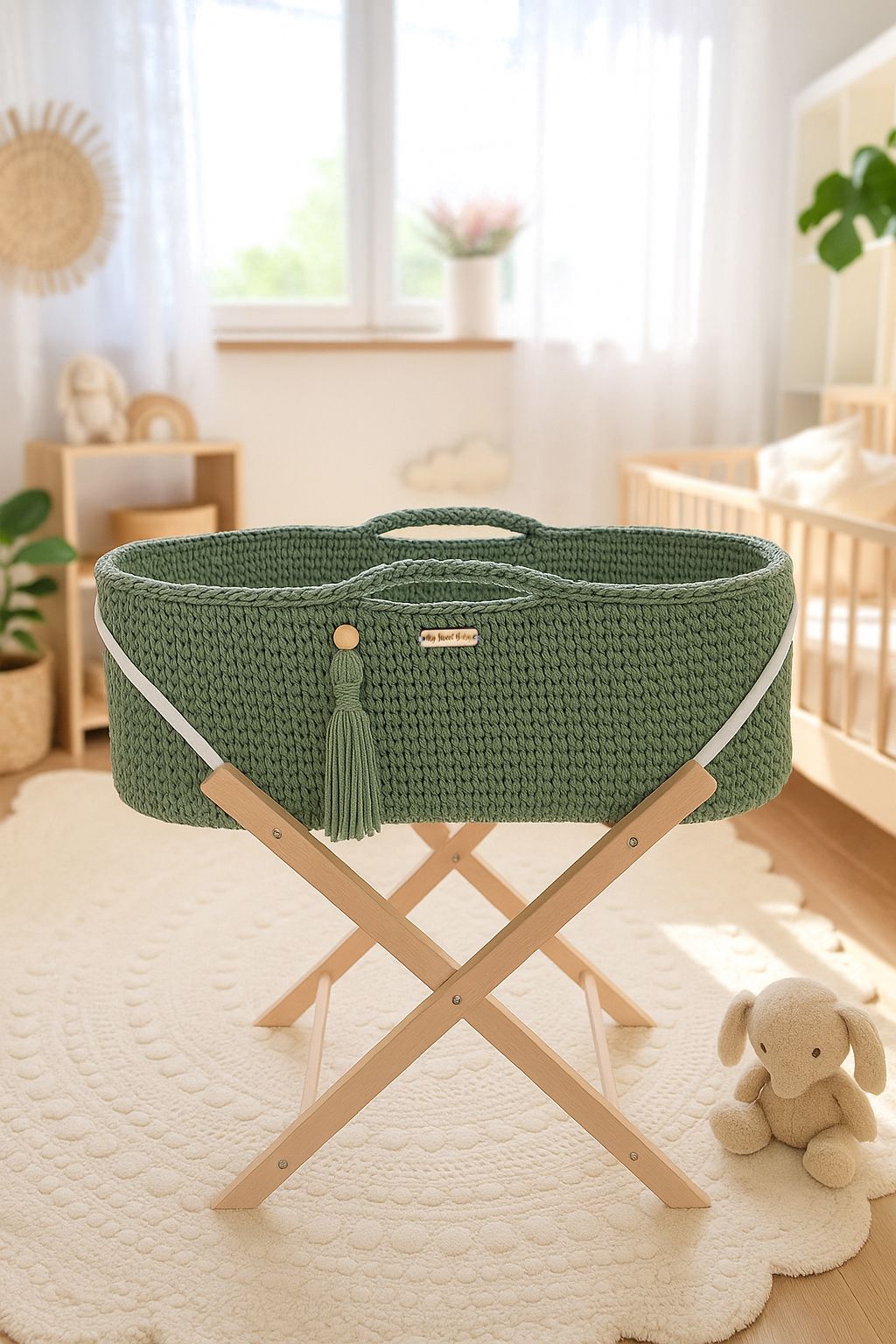 Moses basket BOHO Handmade with stand - pistachio