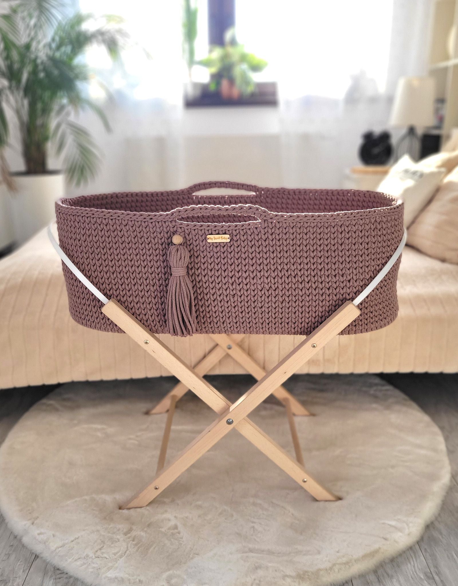 Moses basket BOHO Handmade cotton with mattress - mauve