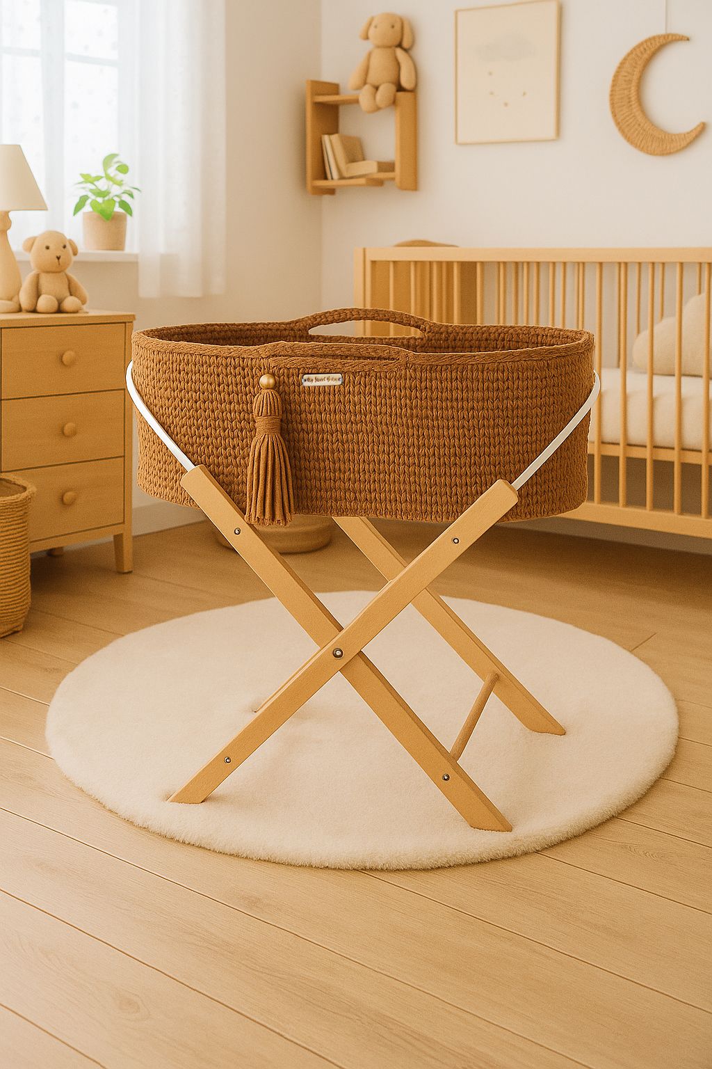 Moses basket BOHO Handmade with stand - caramel