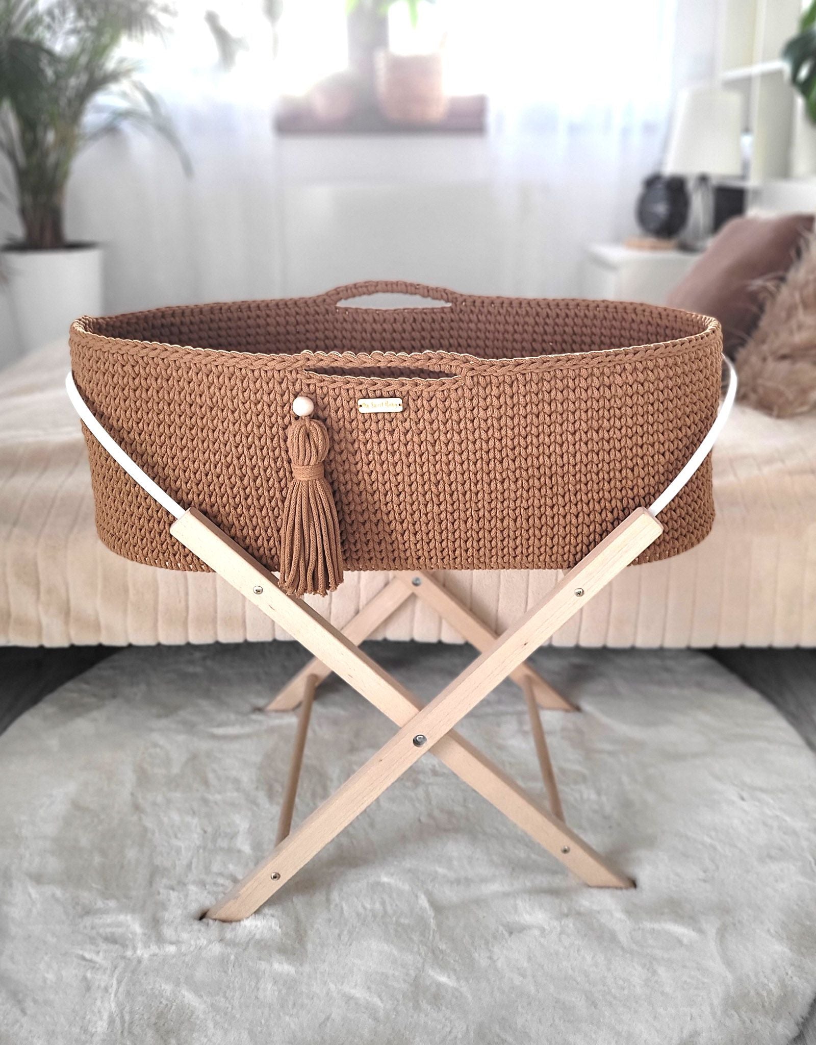 Moses basket BOHO Handmade with stand - caramel