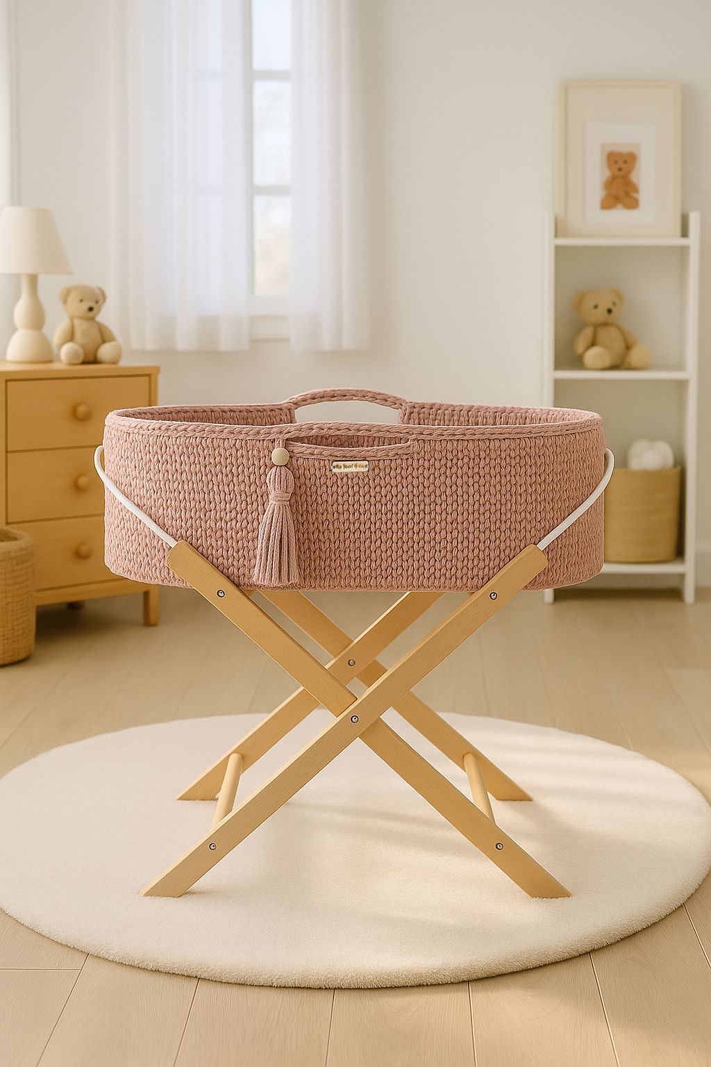 Moses basket BOHO Handmade with stand - pastel pink