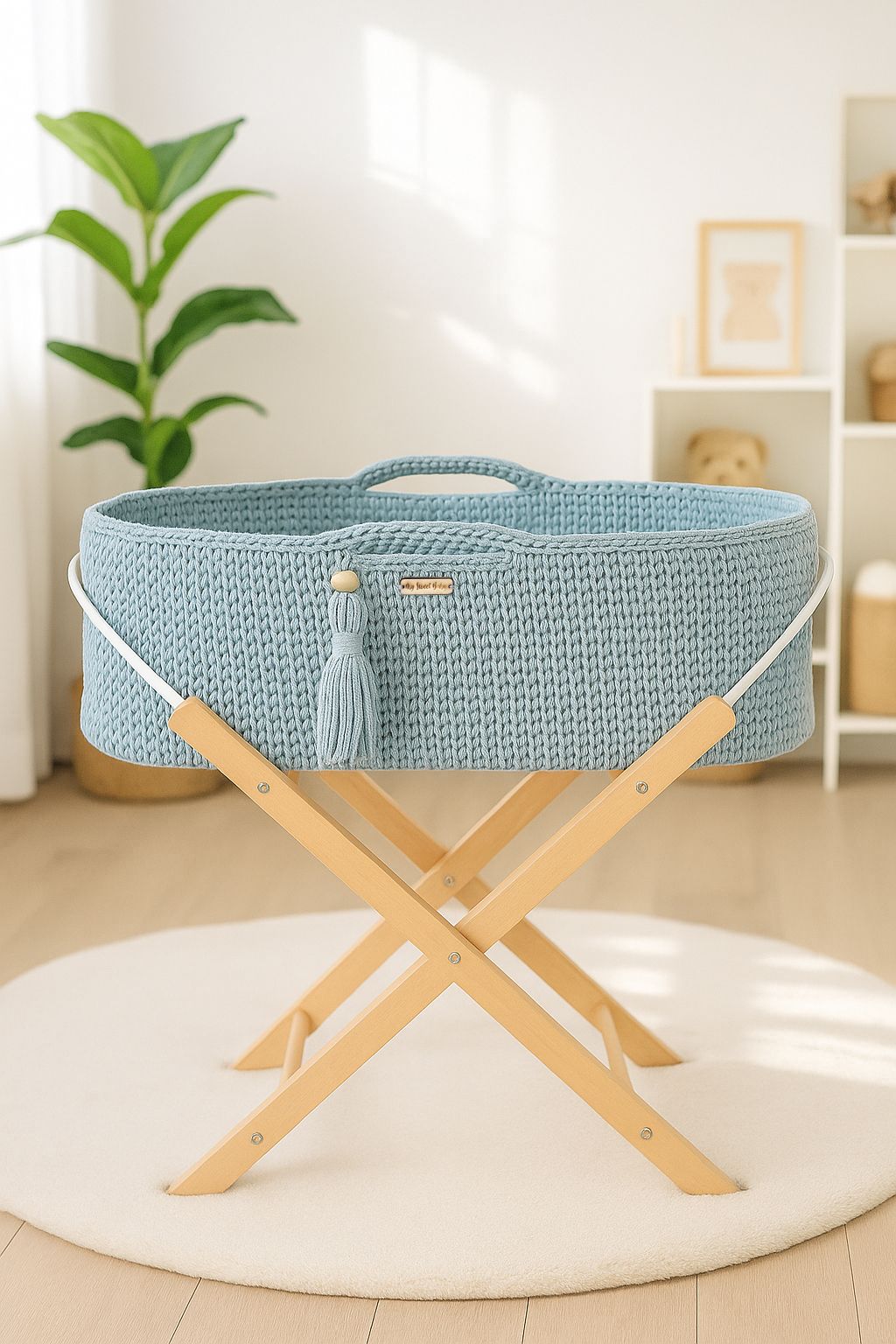 Moses basket BOHO Handmade with stand - misty blue