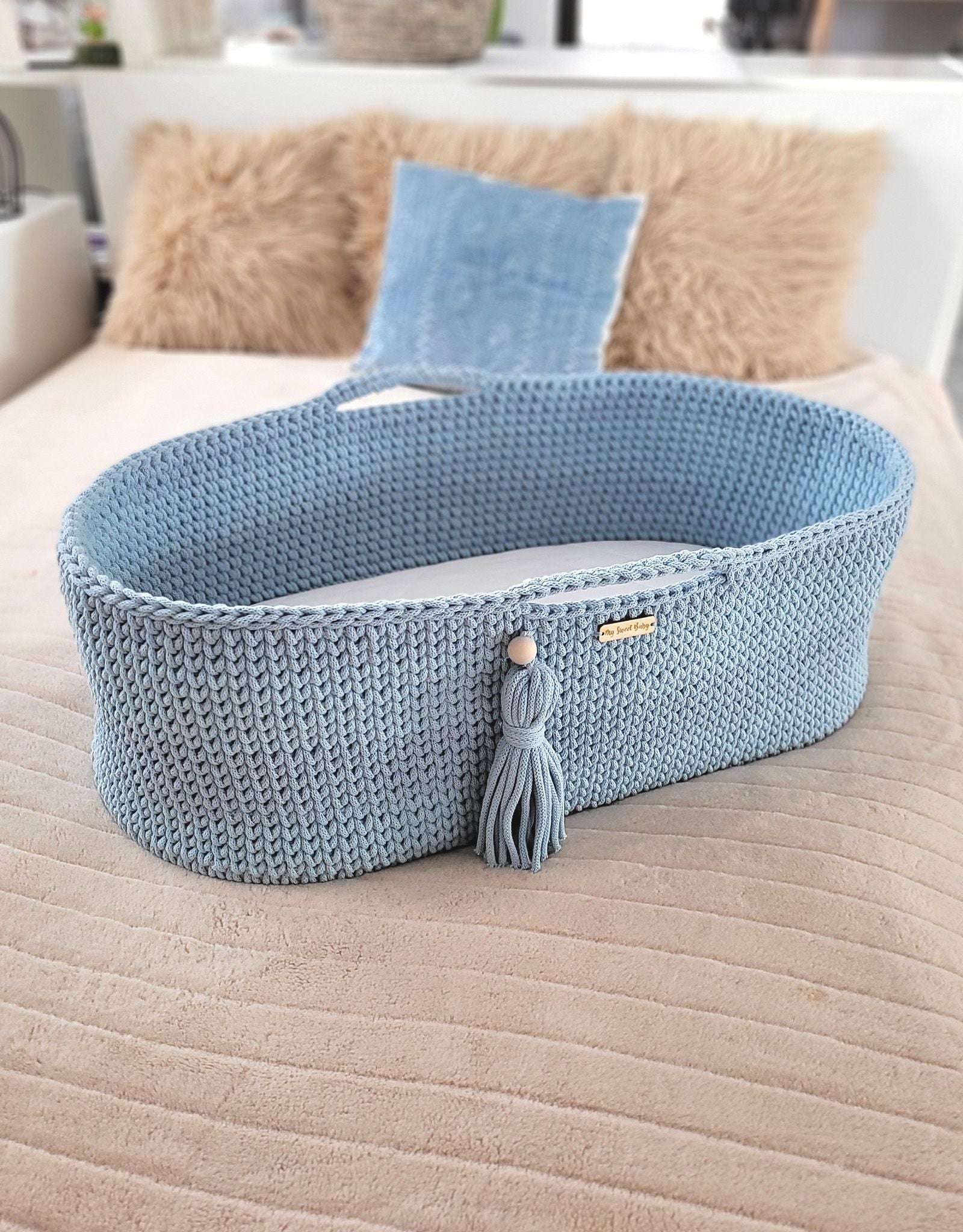 Moses basket BOHO Handmade with stand - misty blue