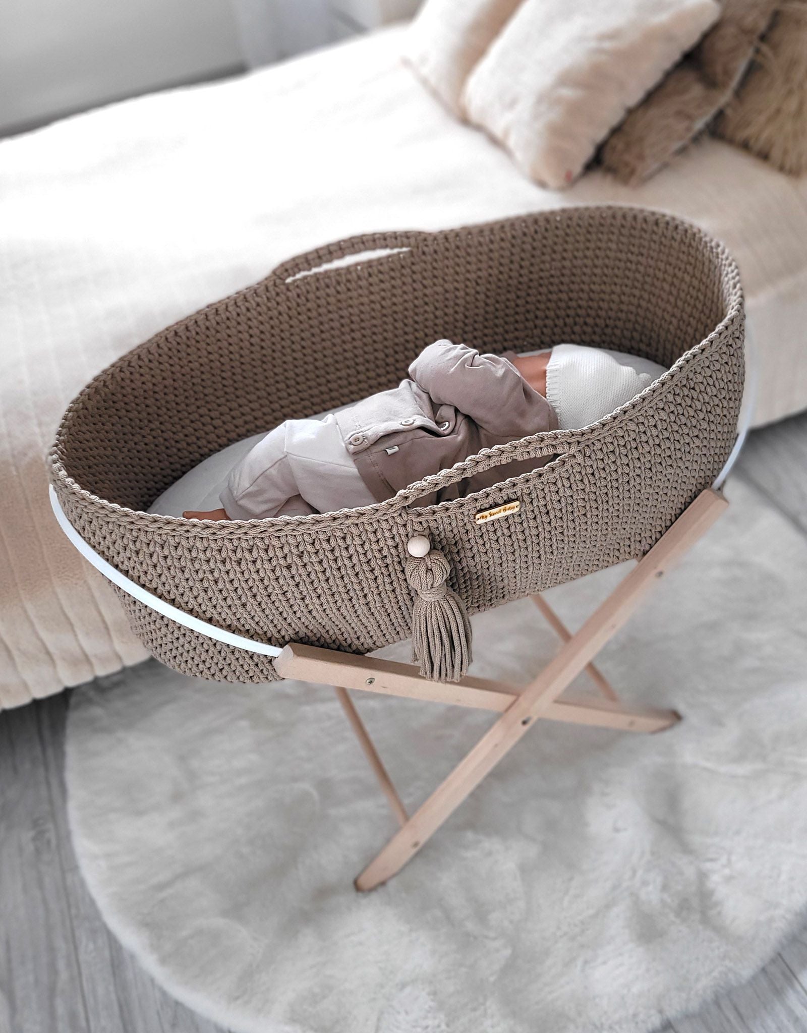 Moses basket BOHO Handmade cotton with mattress - sand