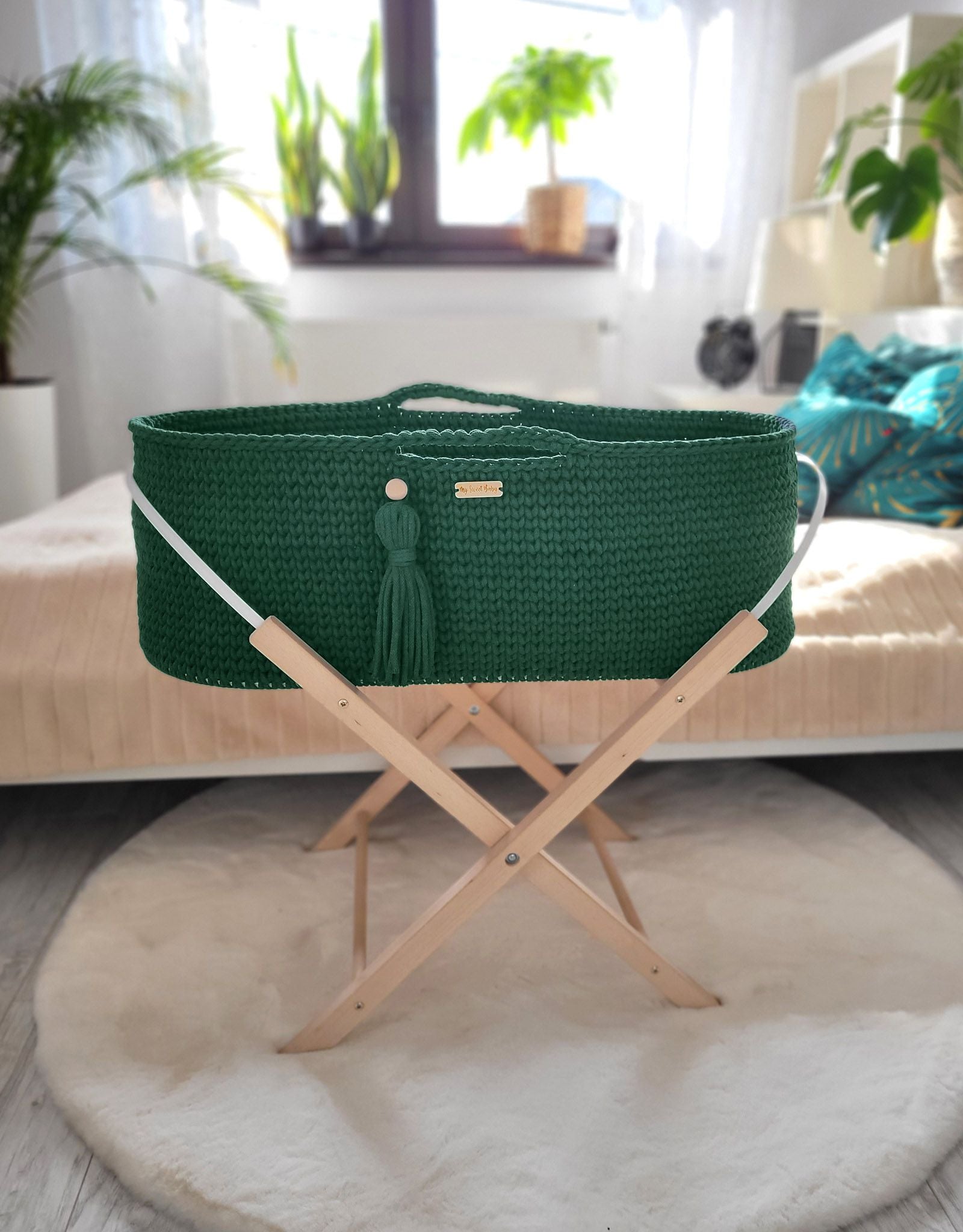 Moses basket BOHO Handmade cotton with mattress - bottle green