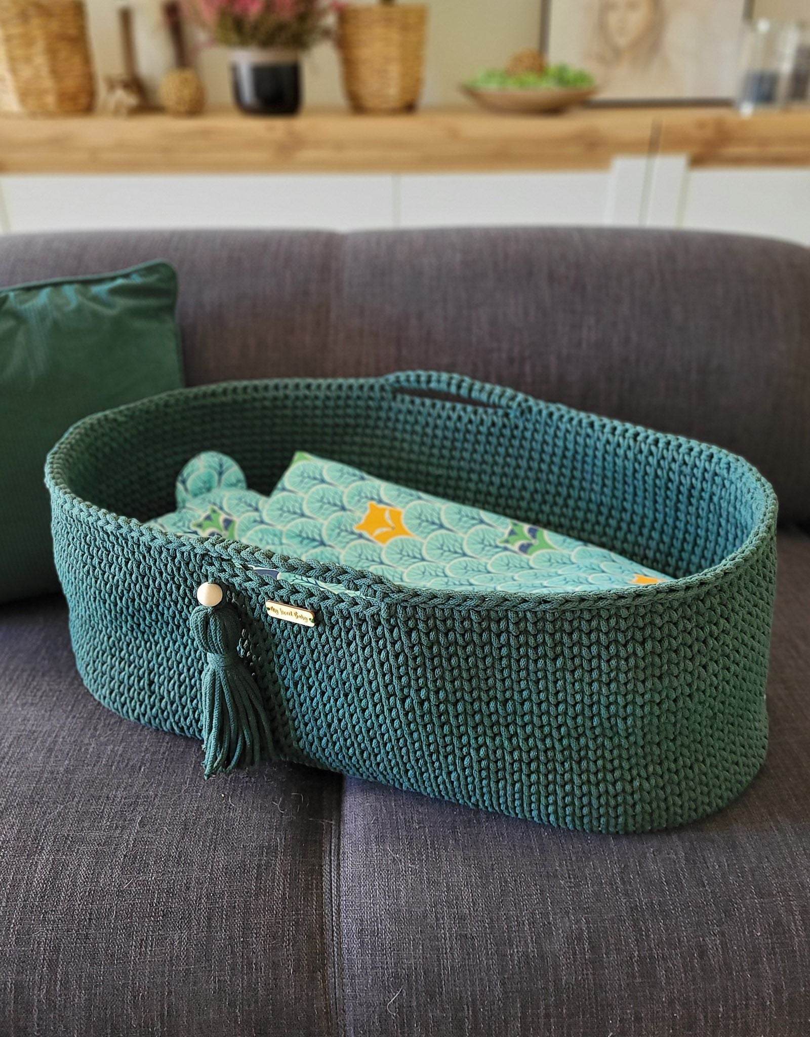 Moses basket BOHO Handmade cotton with mattress - bottle green