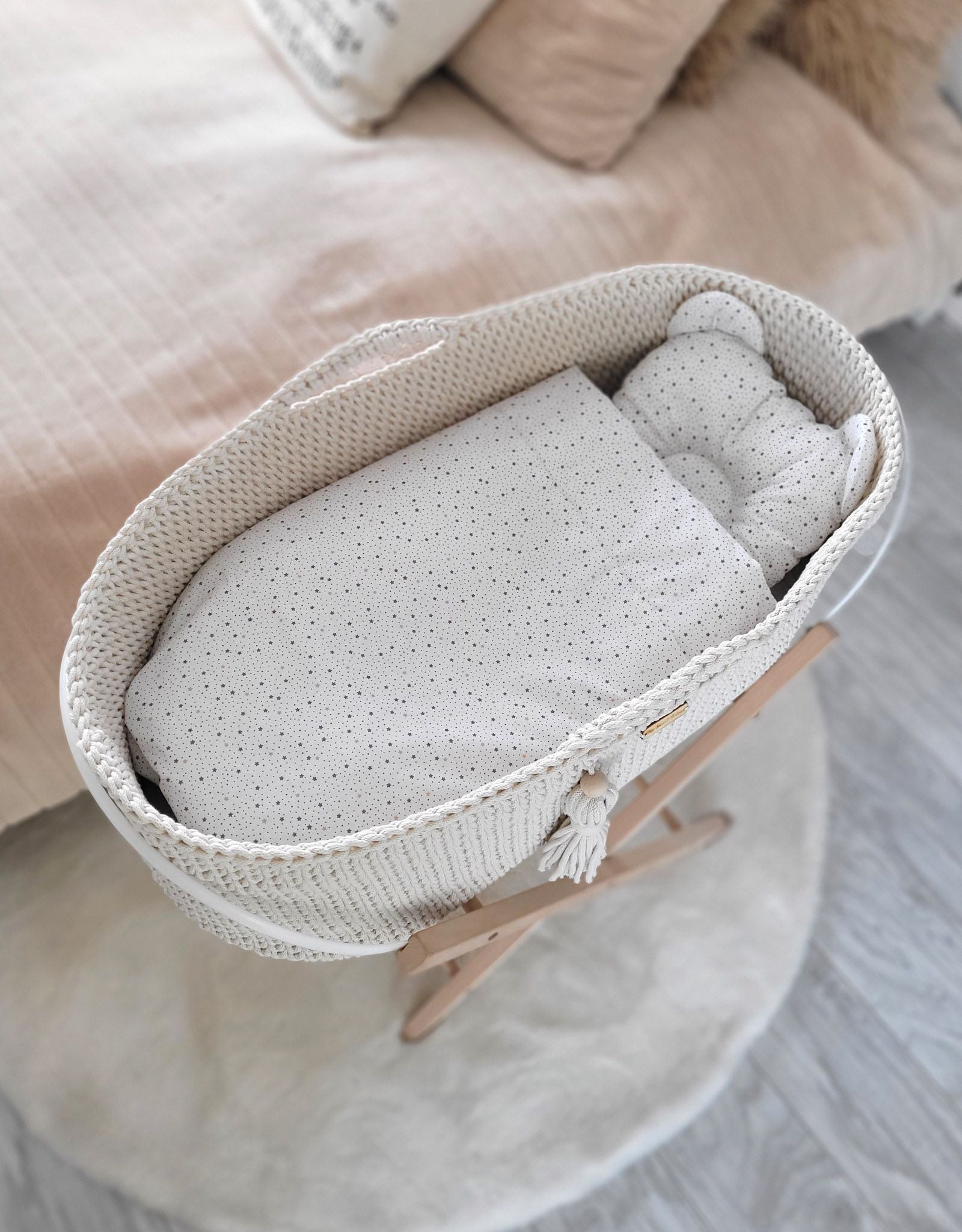 Moses basket BOHO Handmade cotton with mattress - cream