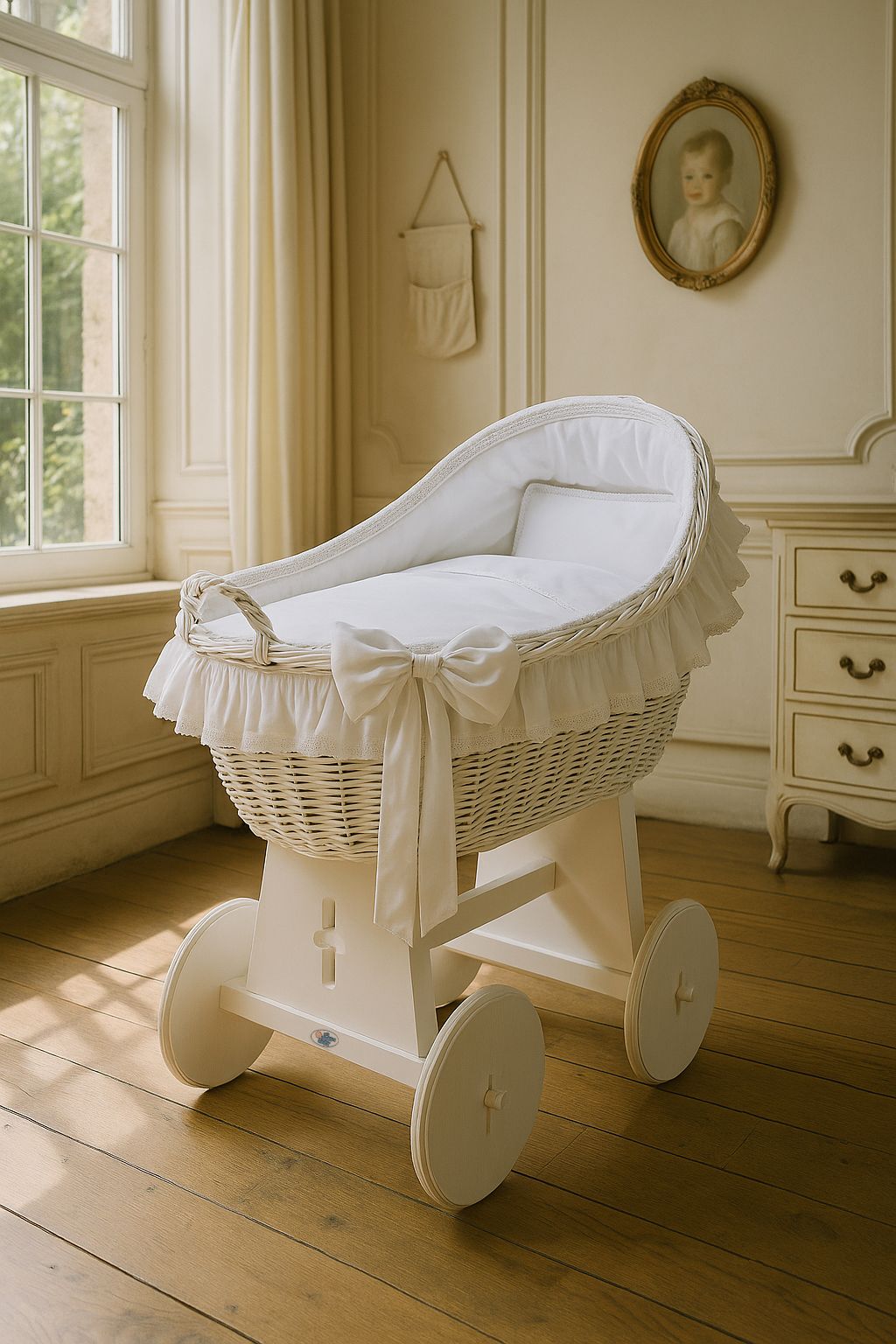 Moses Basket Wicker hood crib Carina - white + white bedding