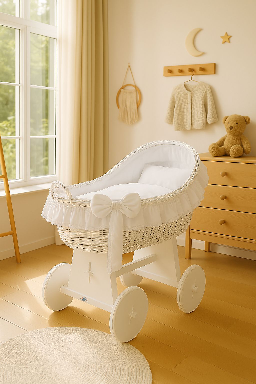 Moses Basket Wicker hood crib Carina - white + white bedding
