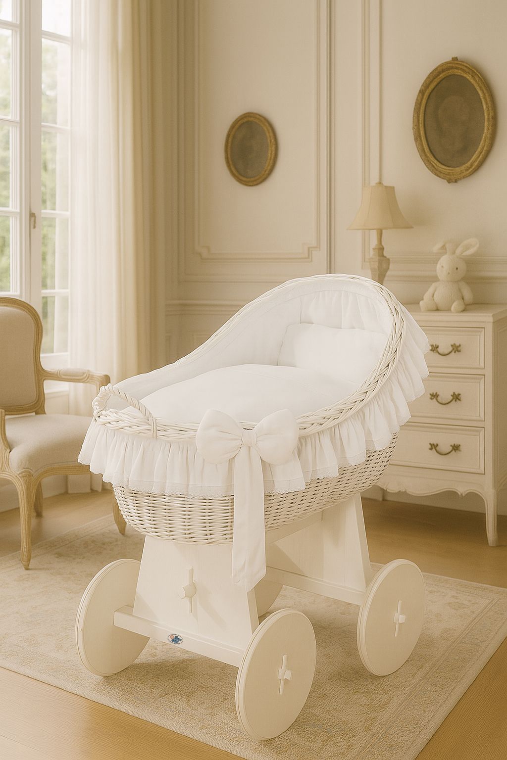 Moses Basket Wicker hood crib Carina - white + white bedding