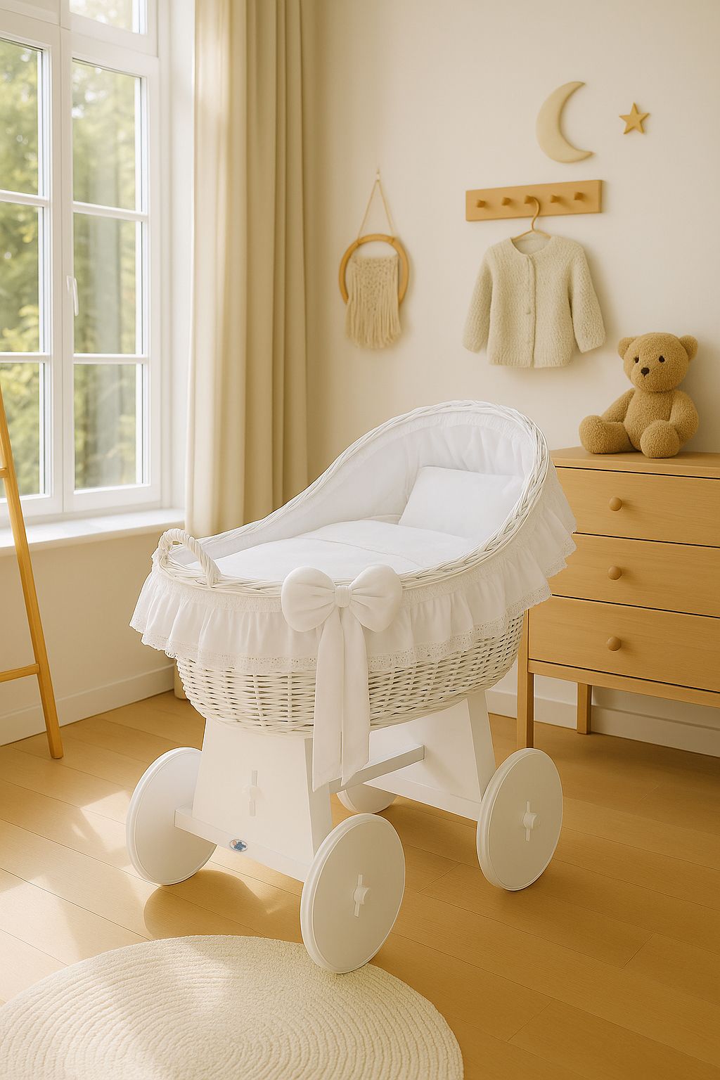 Moses Basket Wicker hood crib Carina - white + white bedding