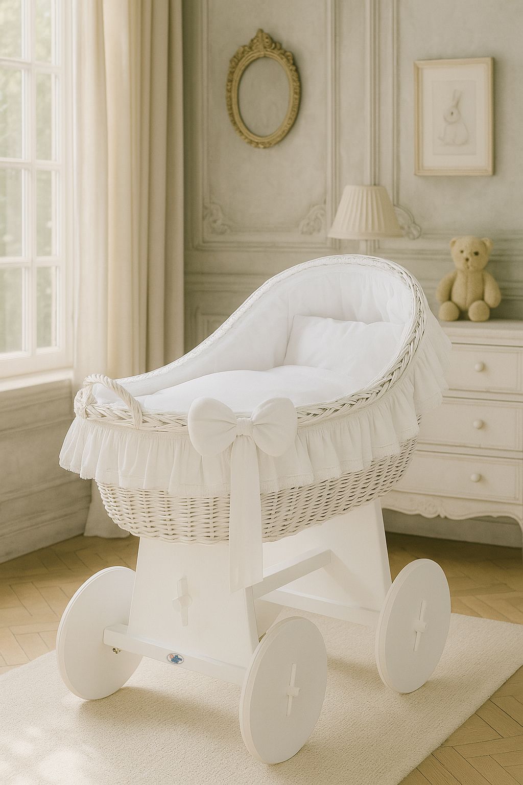 Moses Basket Wicker hood crib Carina - white + white bedding