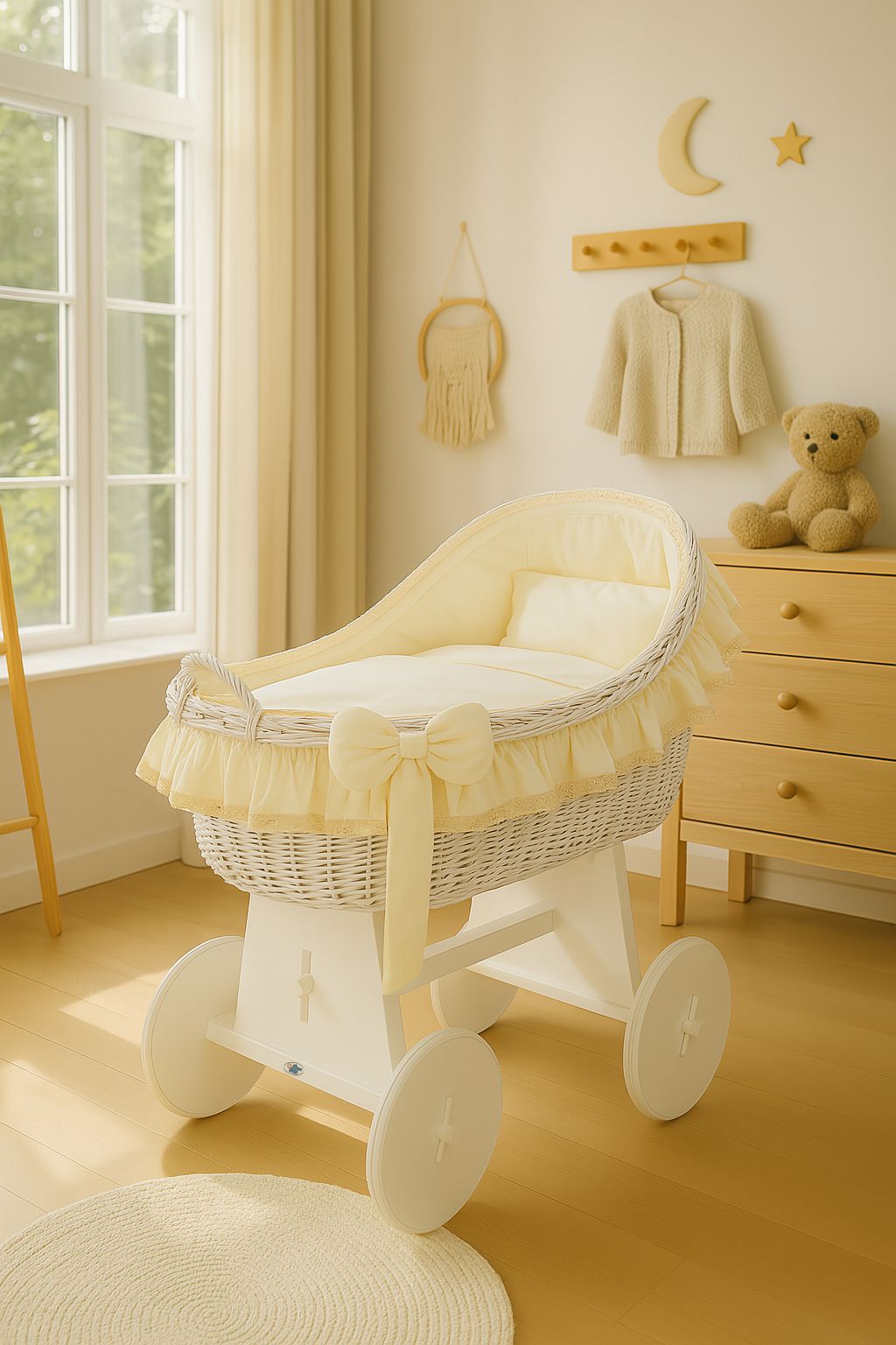 Moses Basket Wicker hood crib Carina - white + cream bedding