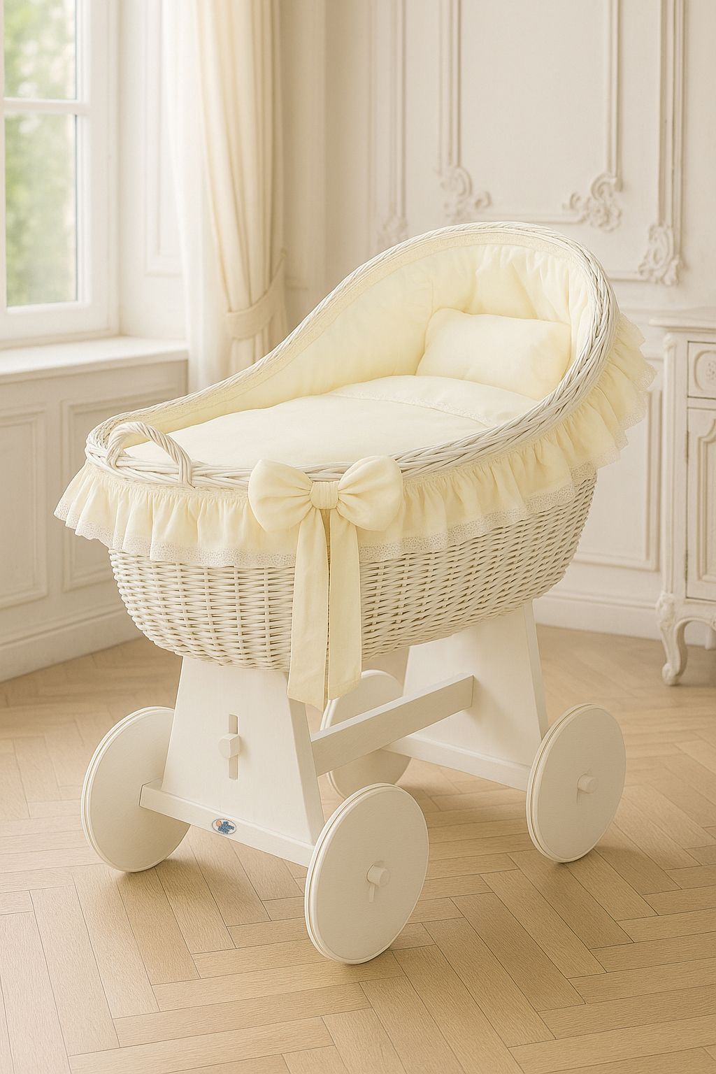 Moses Basket Wicker hood crib Carina - white + cream bedding
