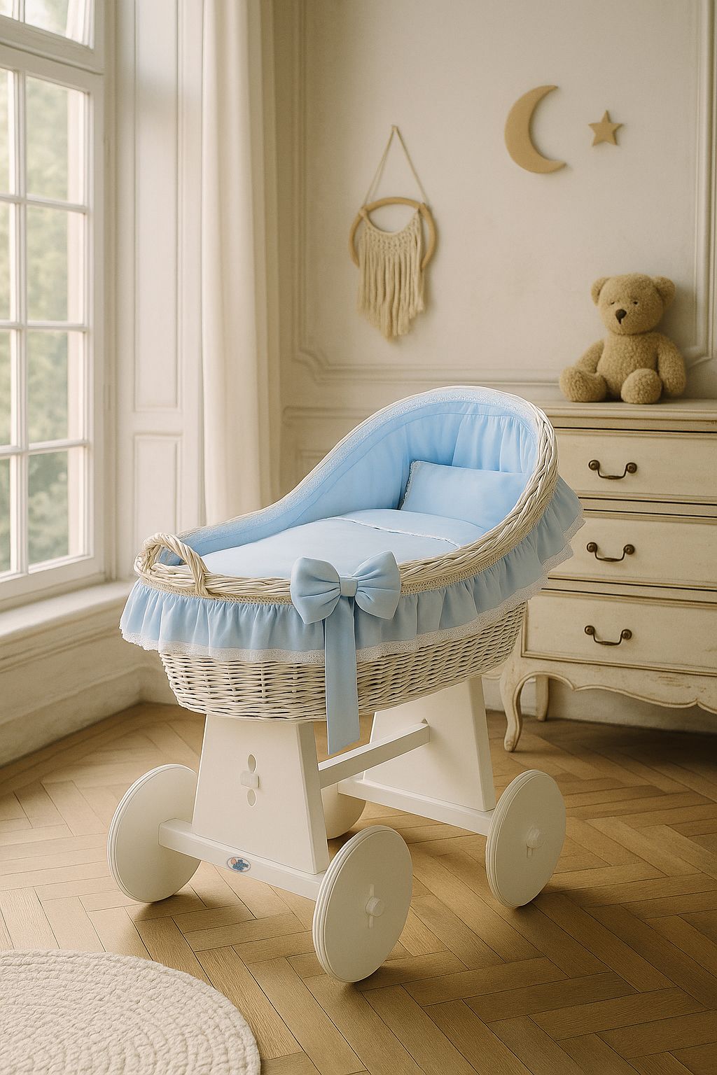 Moses Basket Wicker hood crib Carina - white + blue bedding