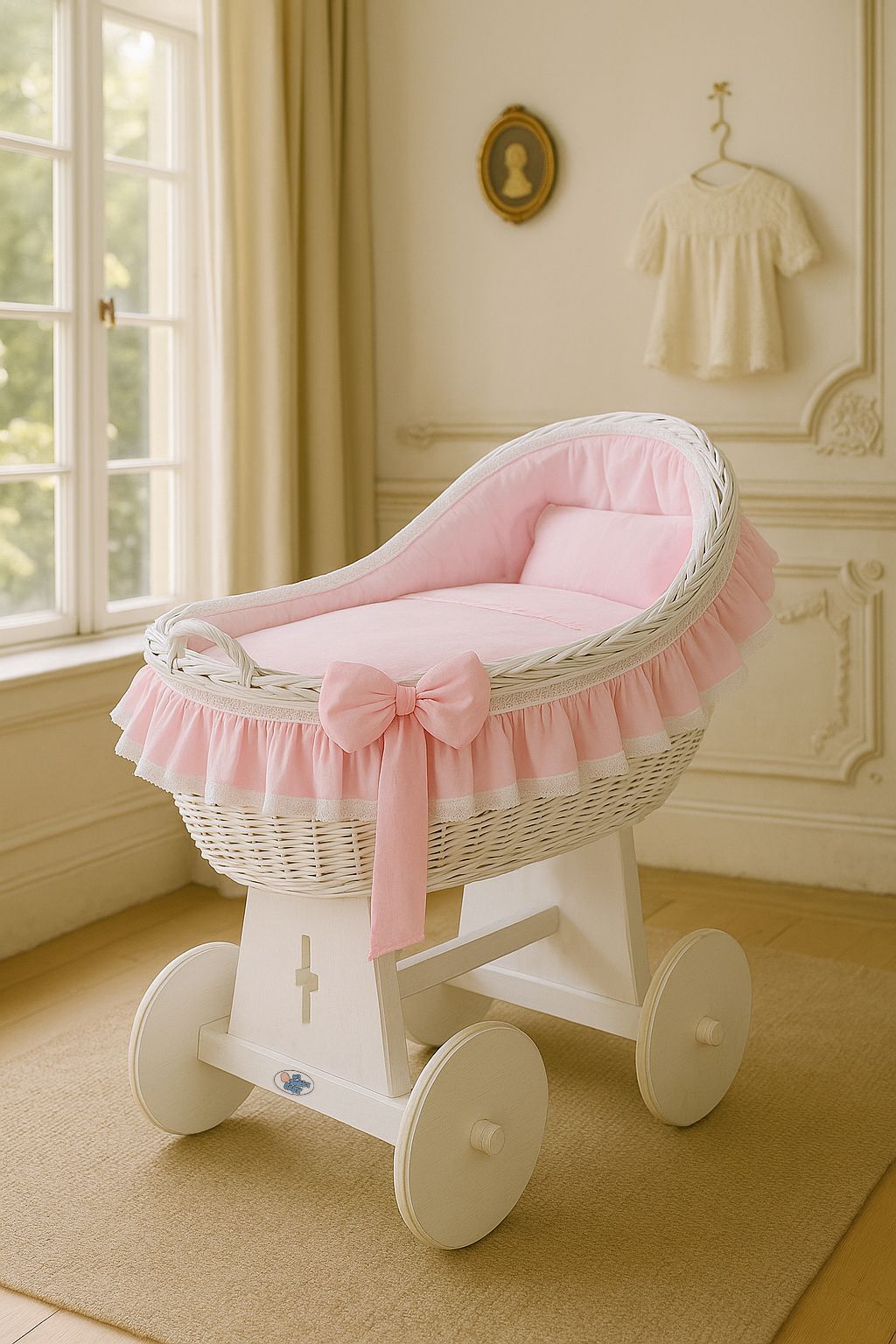 Moses Basket Wicker hood crib Carina - white + pink bedding