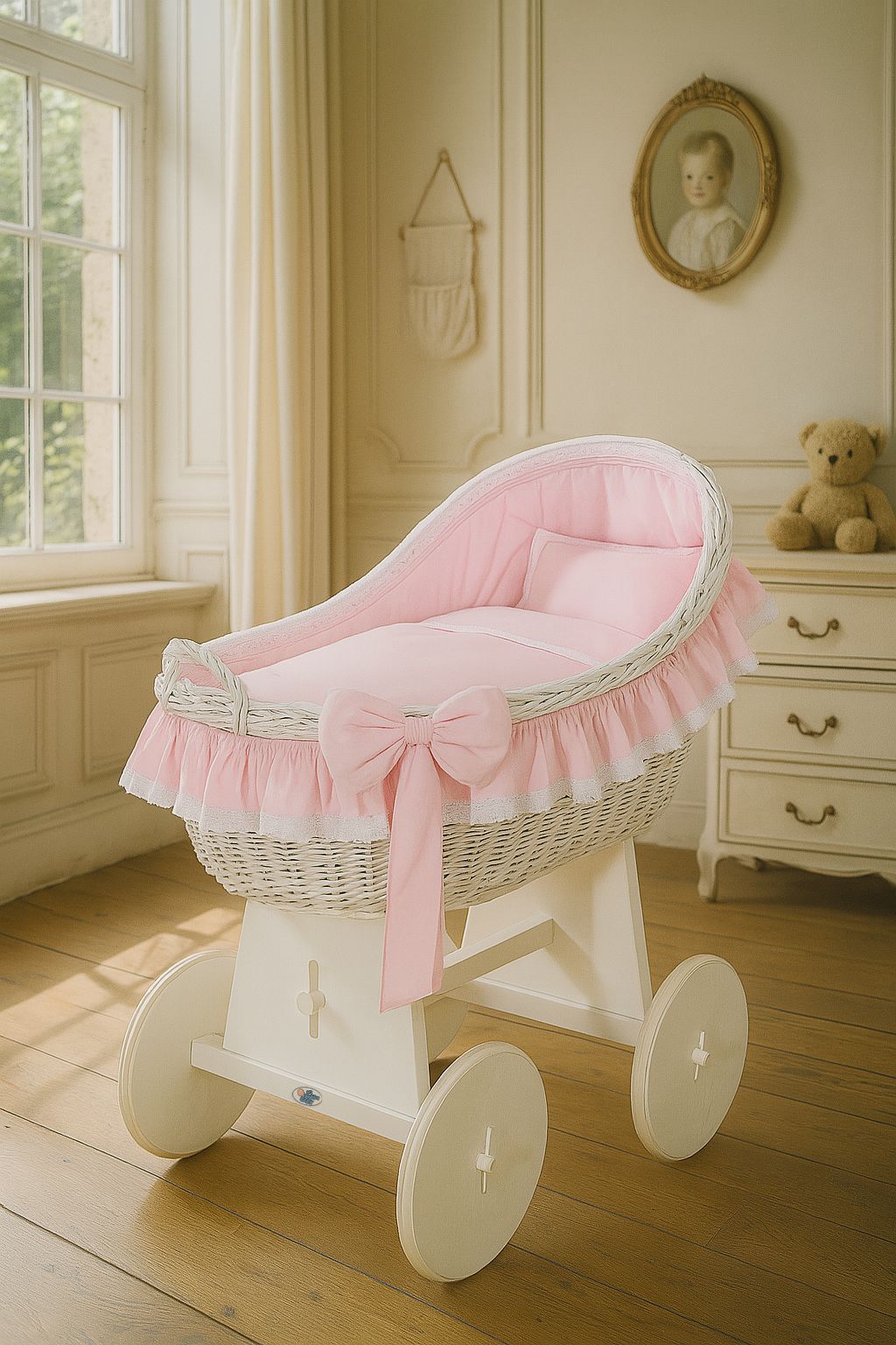 Moses Basket Wicker hood crib Carina - white + pink bedding