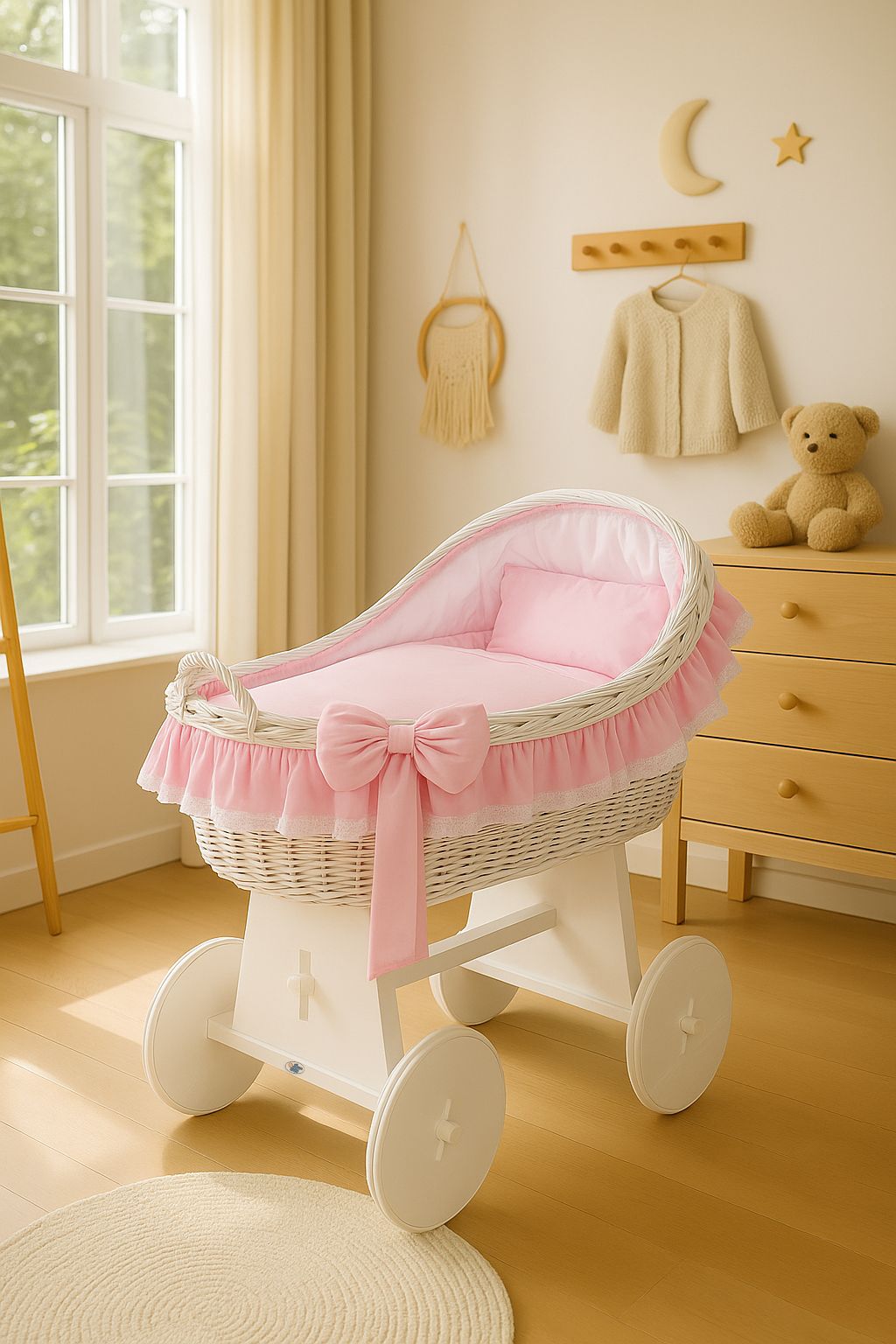 Moses Basket Wicker hood crib Carina - white + pink bedding