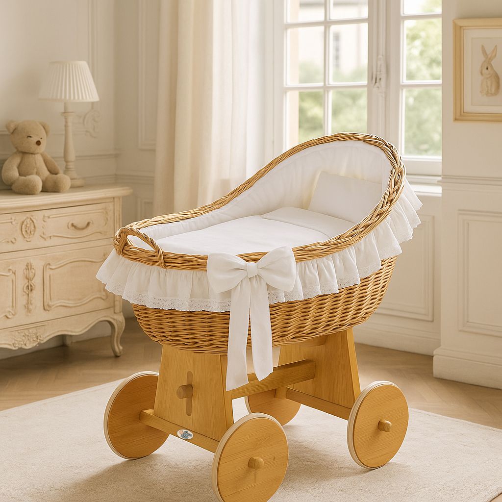 Moses Basket Wicker hood crib Carina - natural + white bedding