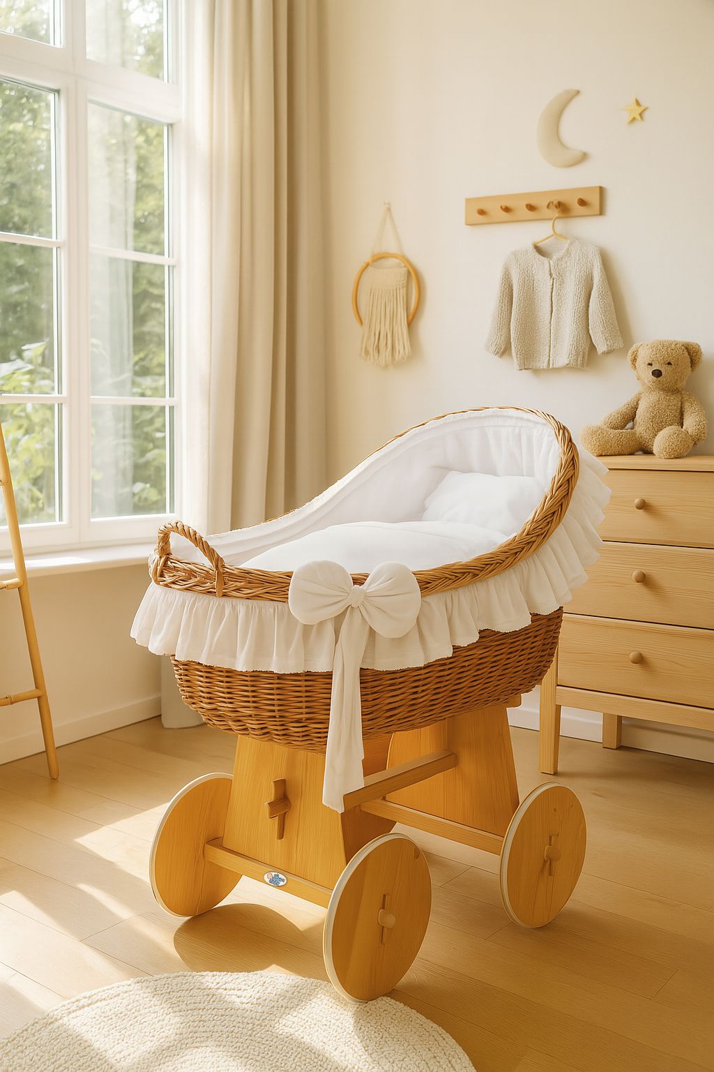 Moses Basket Wicker hood crib Carina - natural + white bedding