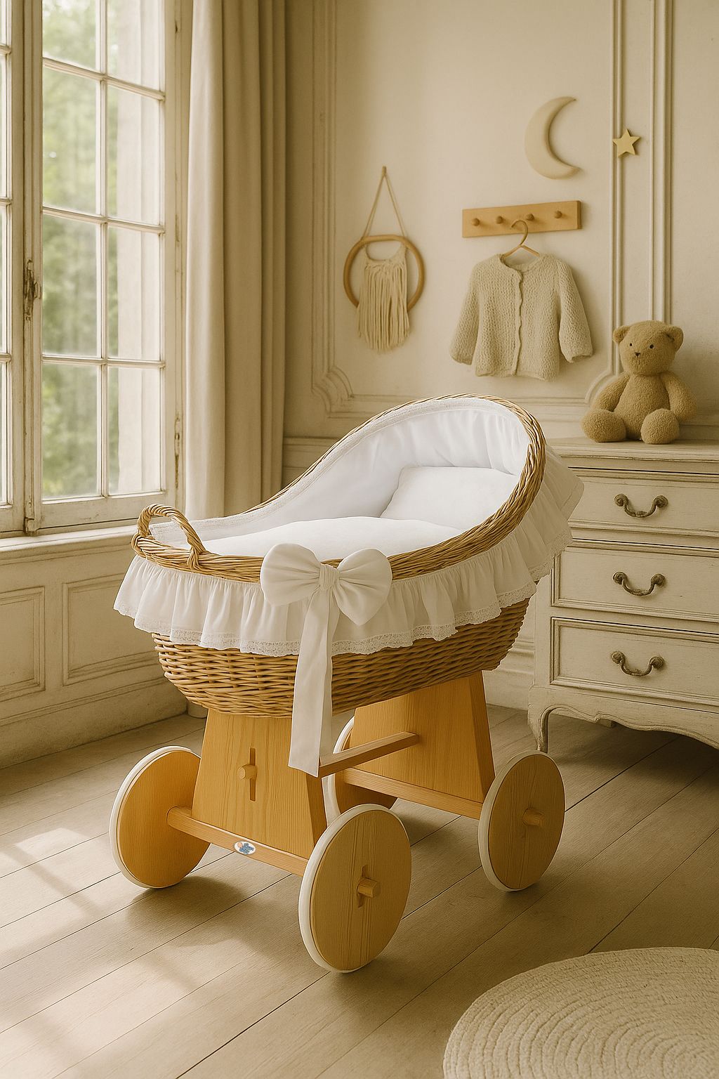 Moses Basket Wicker hood crib Carina - natural + white bedding