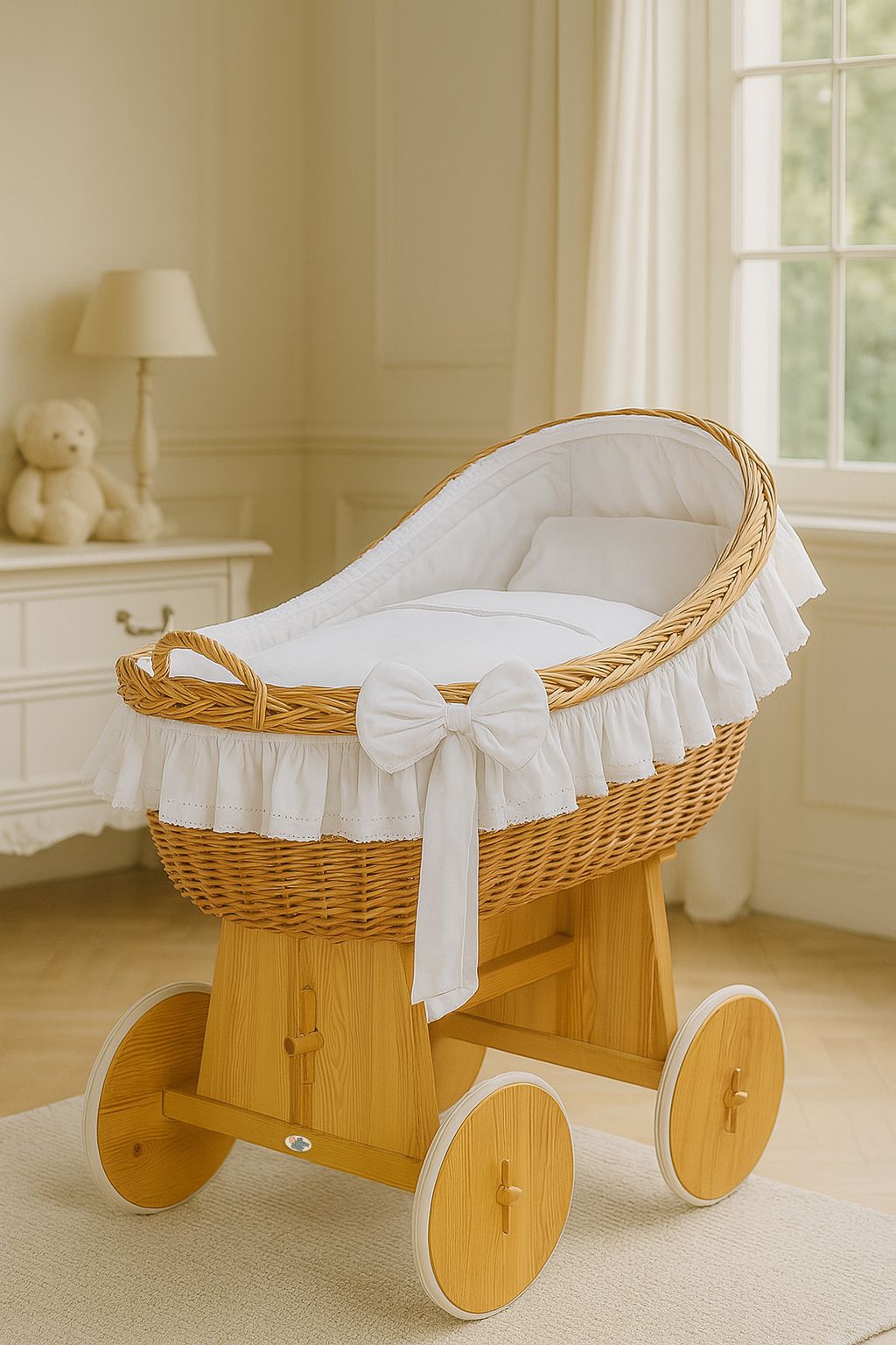 Moses Basket Wicker hood crib Carina - natural + white bedding