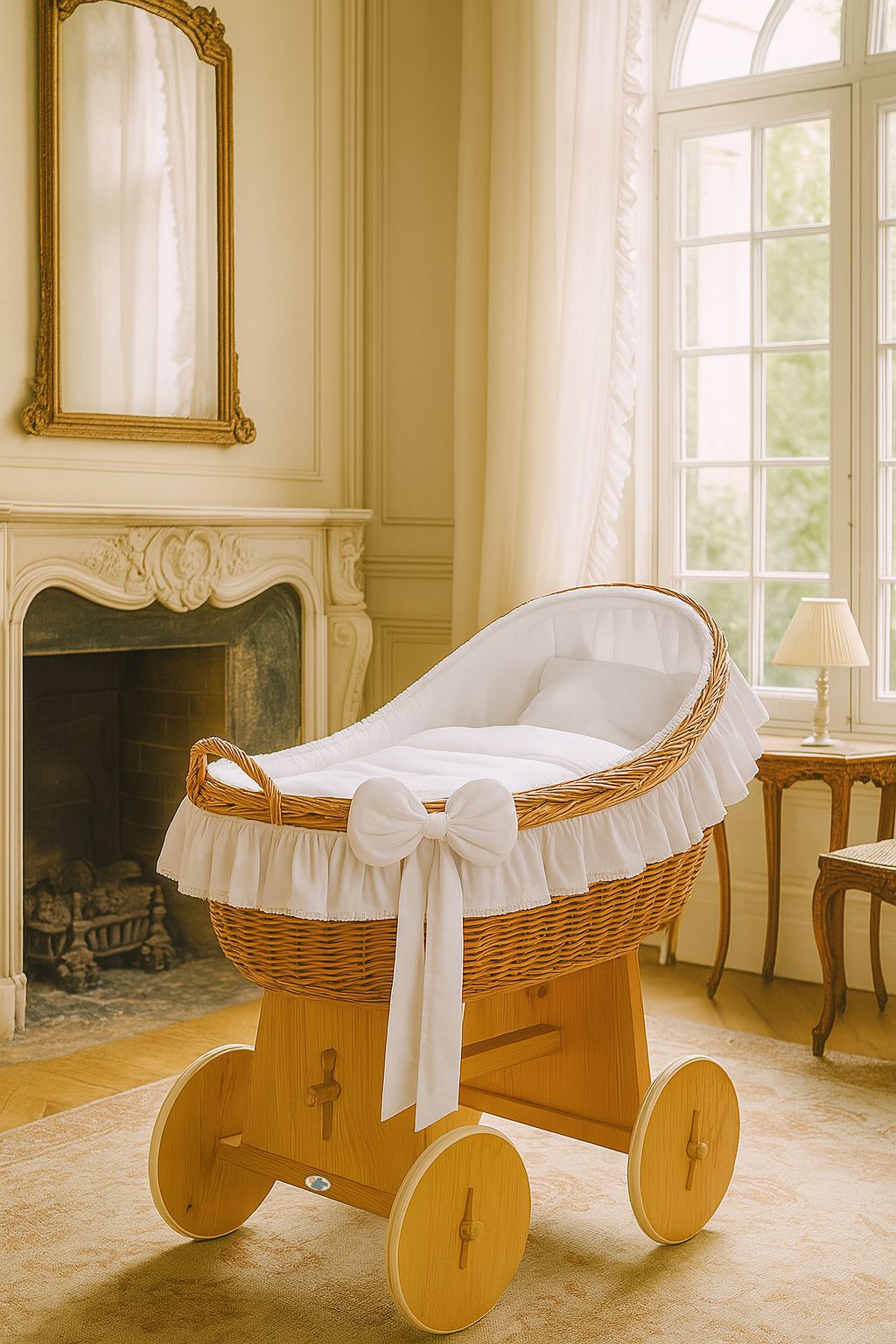 Moses Basket Wicker hood crib Carina - natural + white bedding