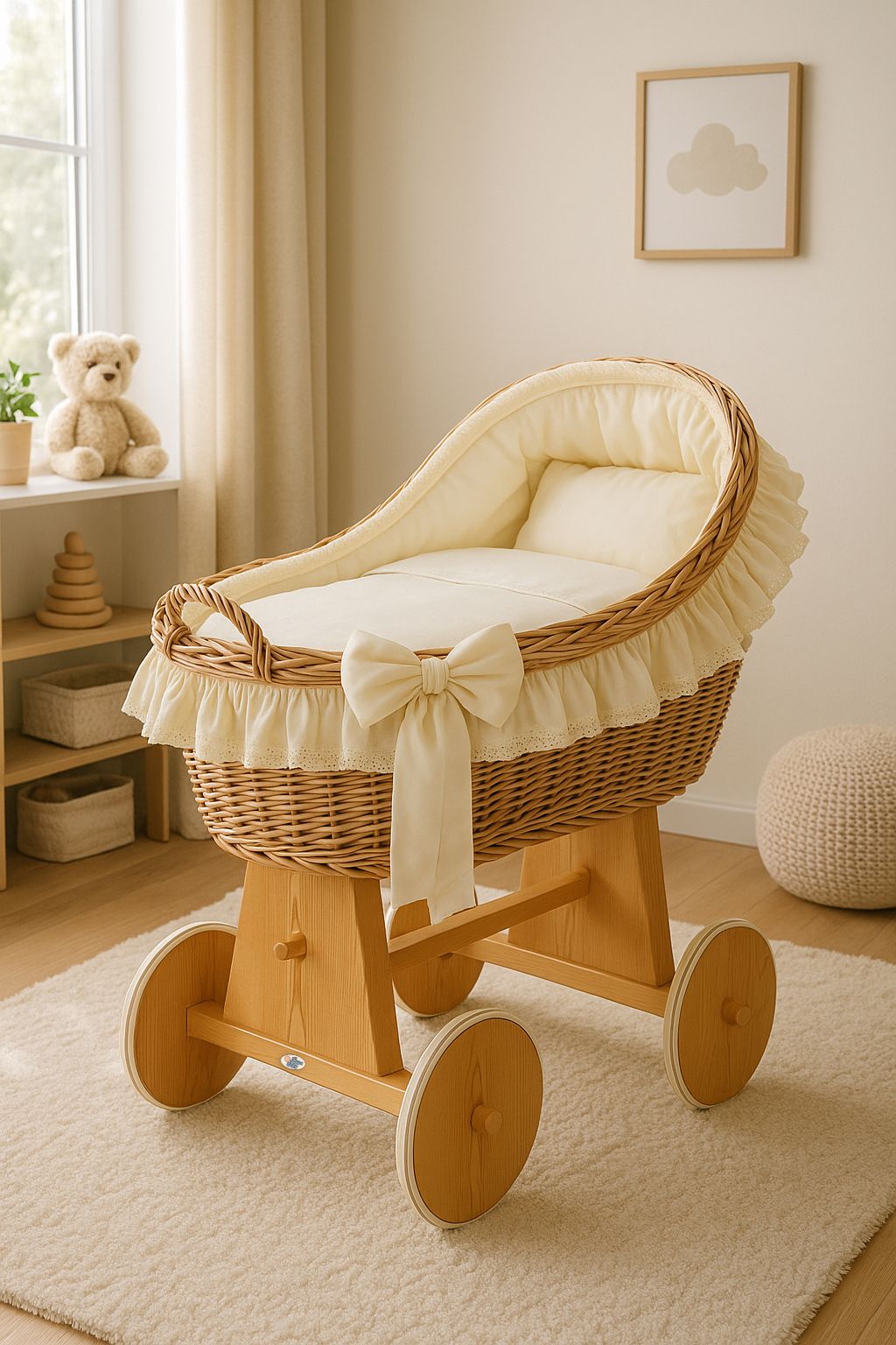 Moses Basket Wicker hood crib Carina - natural + cream bedding