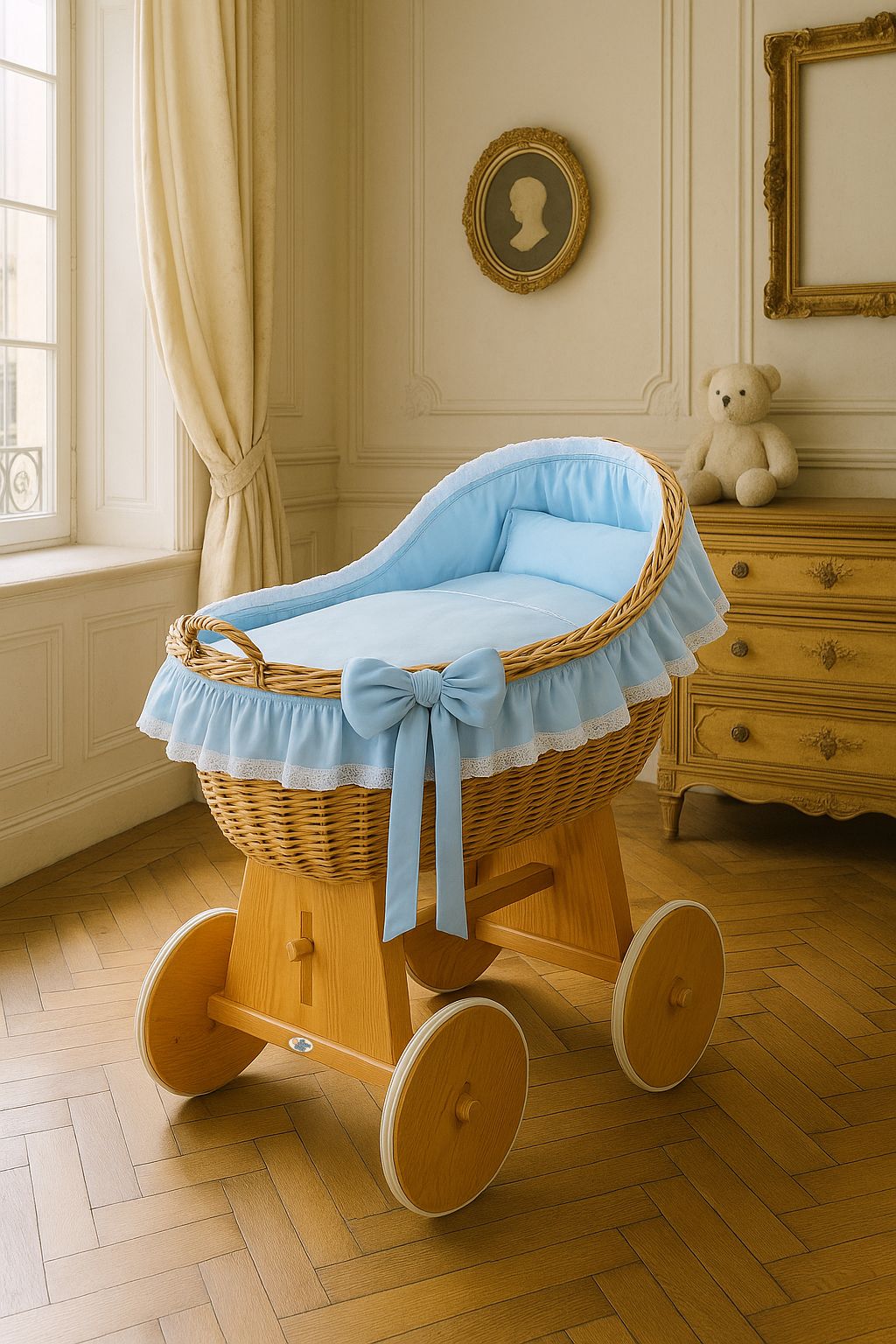 Moses Basket Wicker hood crib Carina - natural + blue bedding