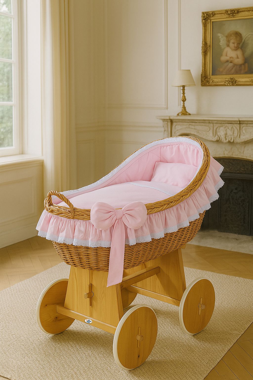 Moses Basket Wicker hood crib Carina - natural + pink bedding