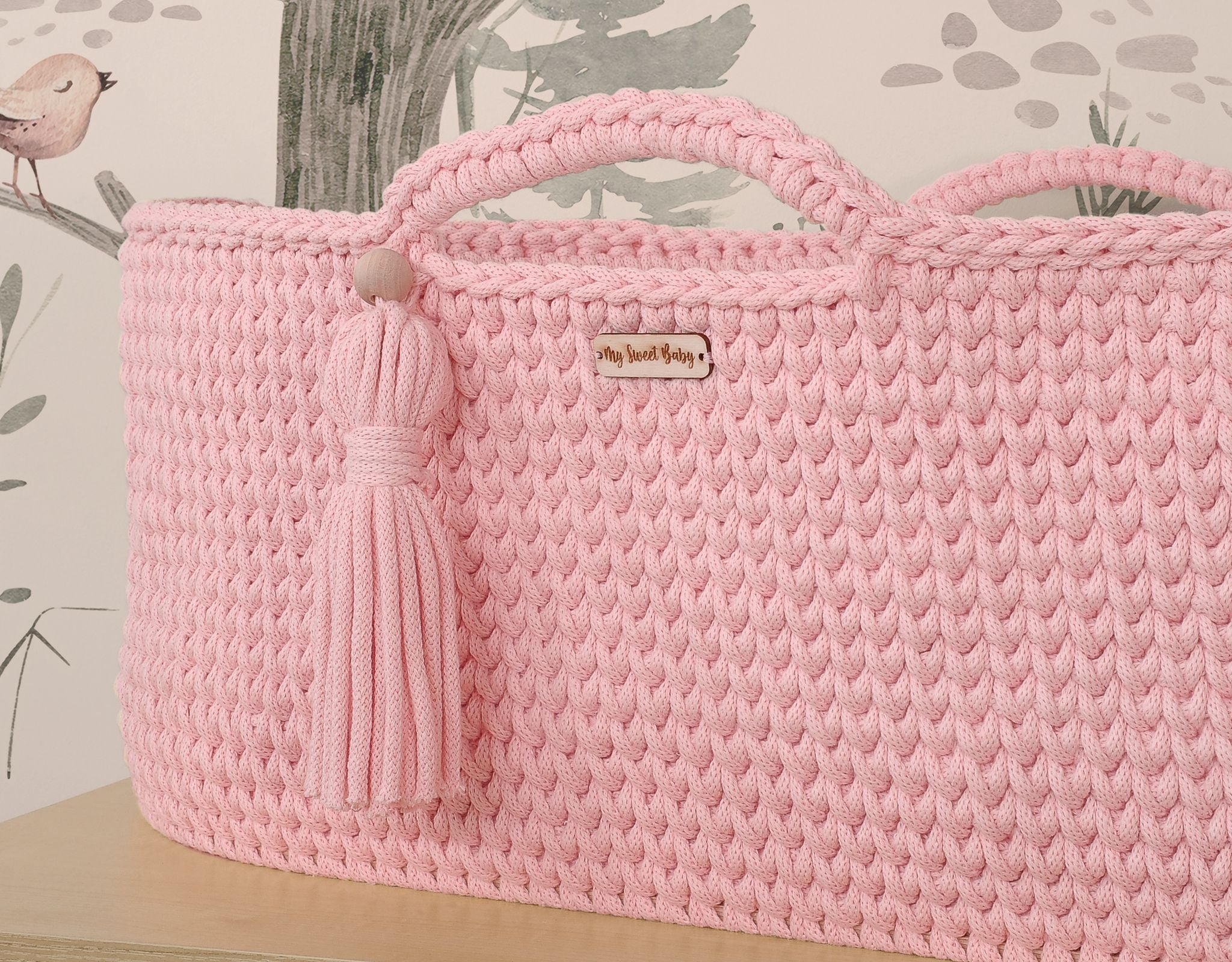 Moses basket BOHO Handmade cotton with mattress - pink