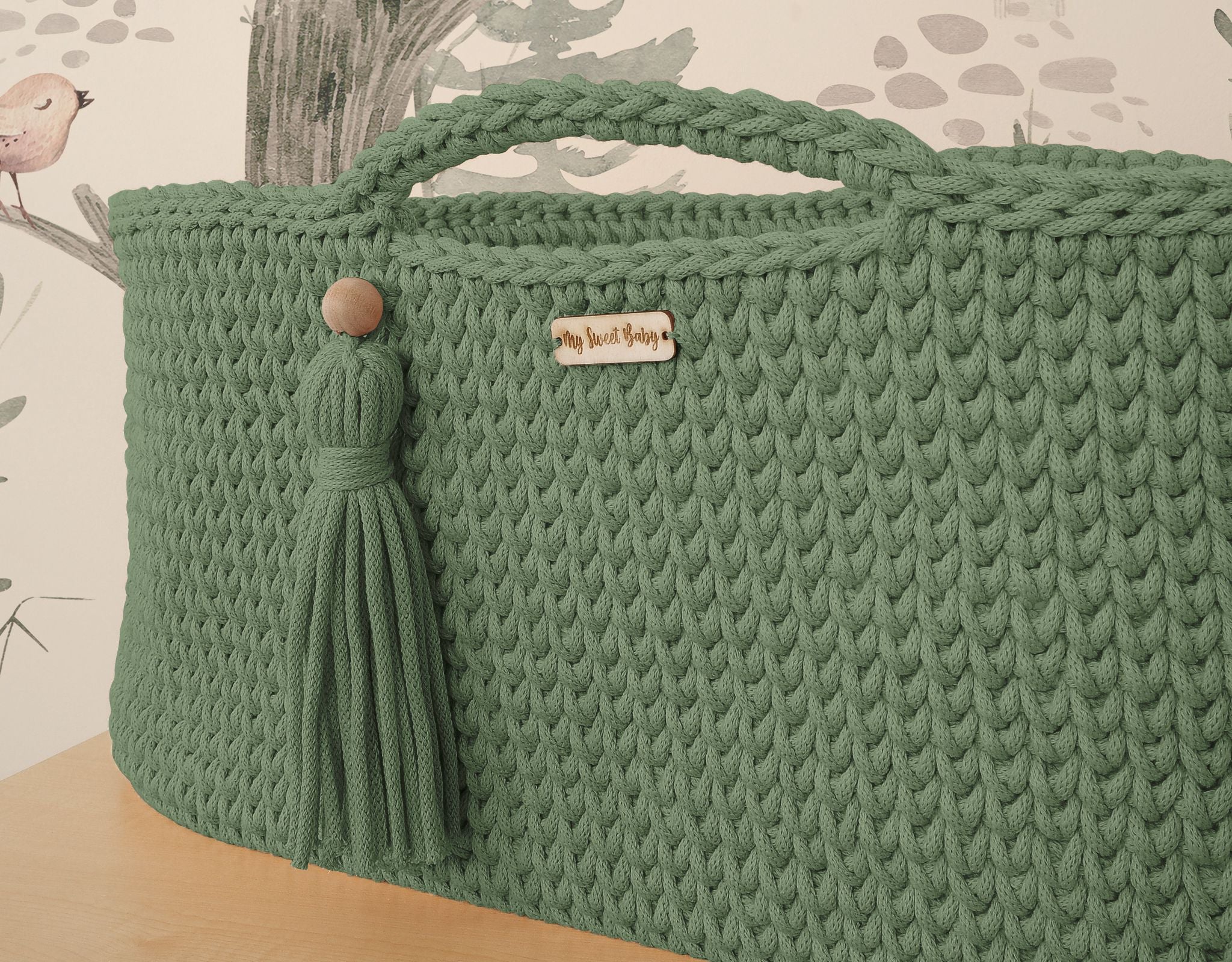 Moses basket BOHO Handmade cotton with mattress - sage